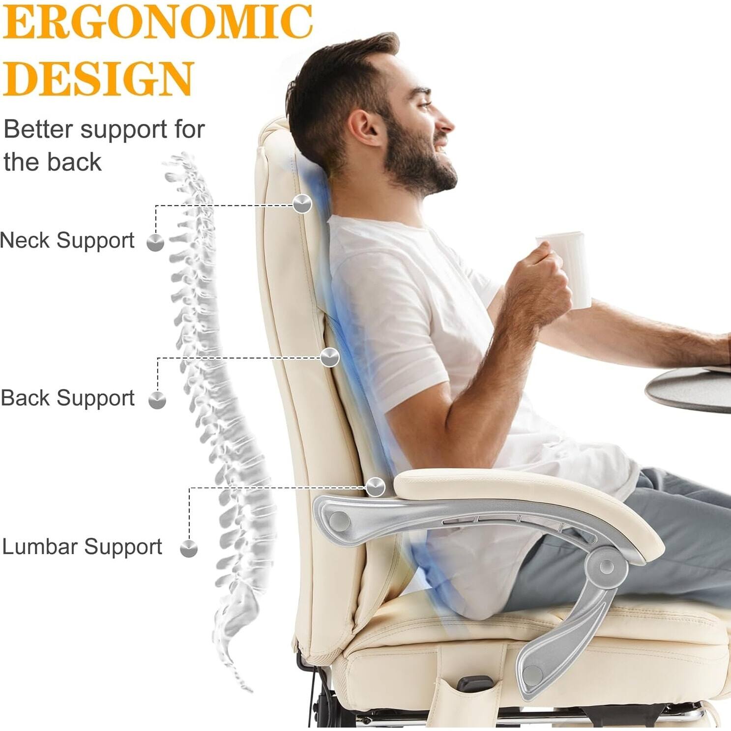 ERGONOMIC DESIGN

Better support for the back

- Neck Support
- Back Support
- Lumbar Support