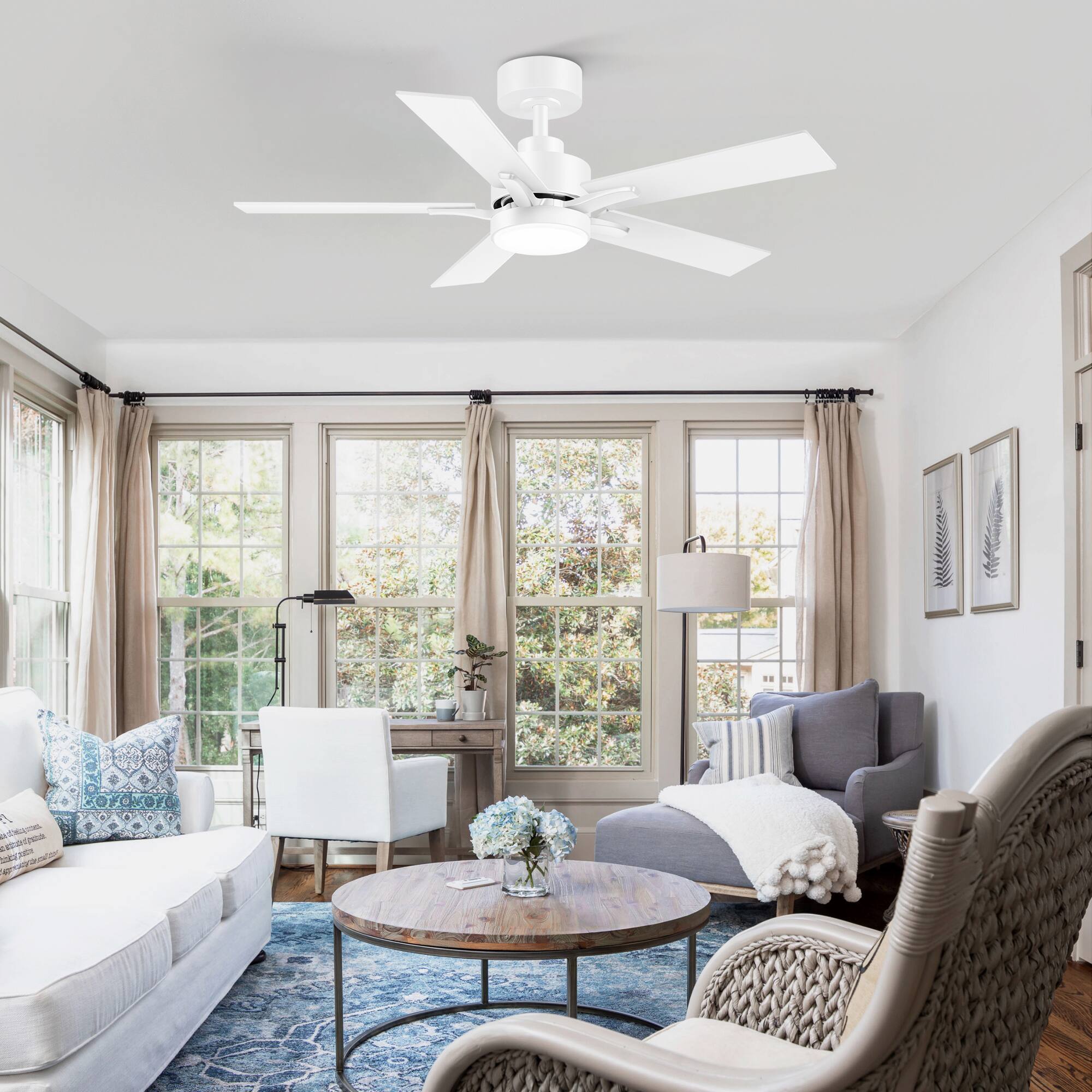 Alt View 4. Breezary - 42-in Integrated LED Ceiling Fan with Remote, 3-Color Light, 5 Blades, Reversible DC Motor - Matte White.