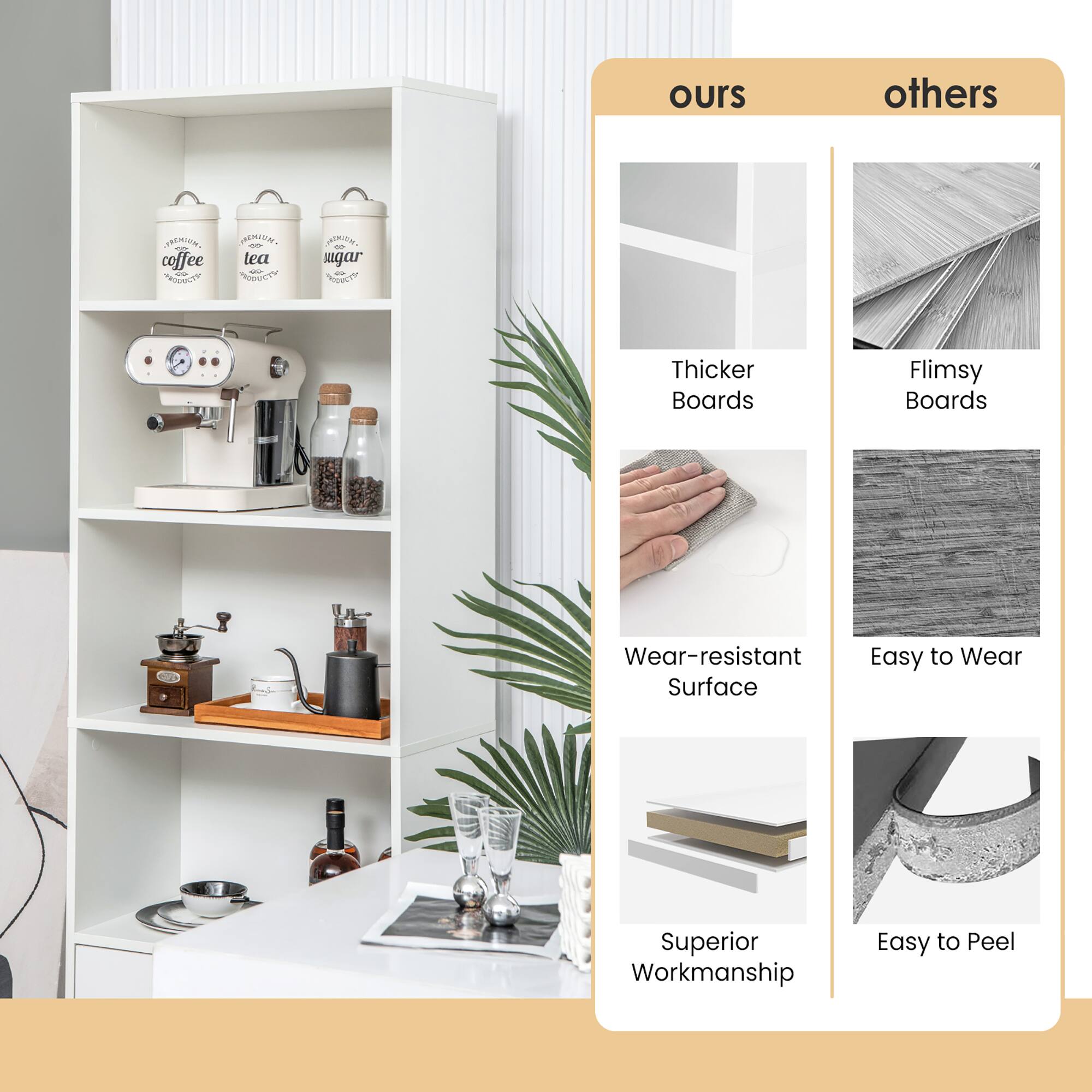 ours: Thicker Boards, Wear-resistant Surface, Superior Workmanship
others: Flimsy Boards, Easy to Wear, Easy to Peel