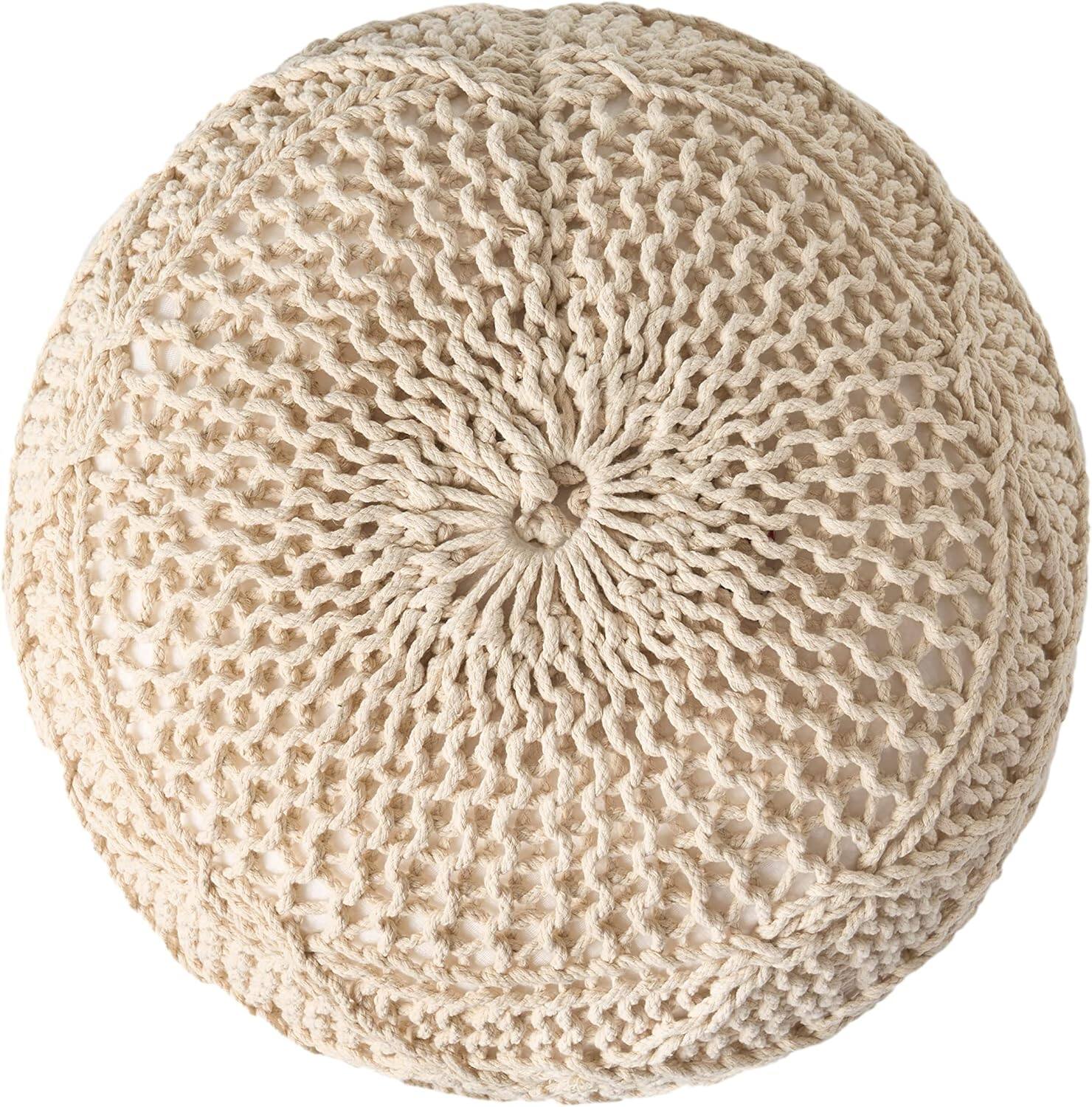 Left. GOODSILO - Modern Knit Weave Round Pouf Ottoman with Cotton Cover for Living Room and Bedroom Accent Seating - Cotton.