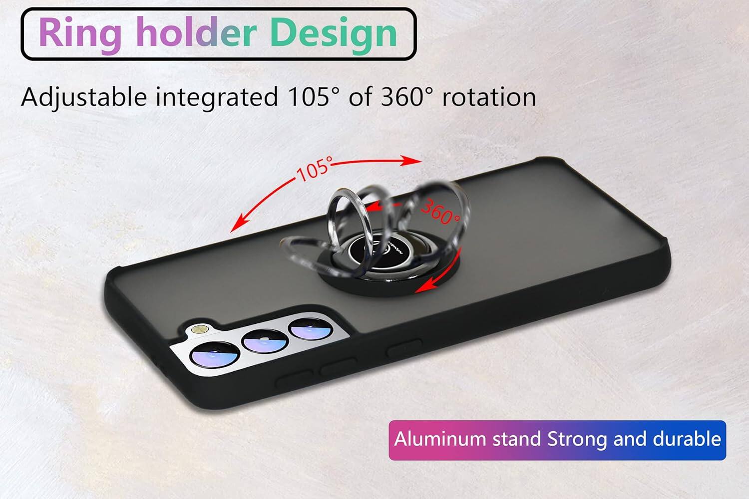 Ring holder Design, Adjustable integrated 105° of 360° rotation, Aluminum stand Strong and durable