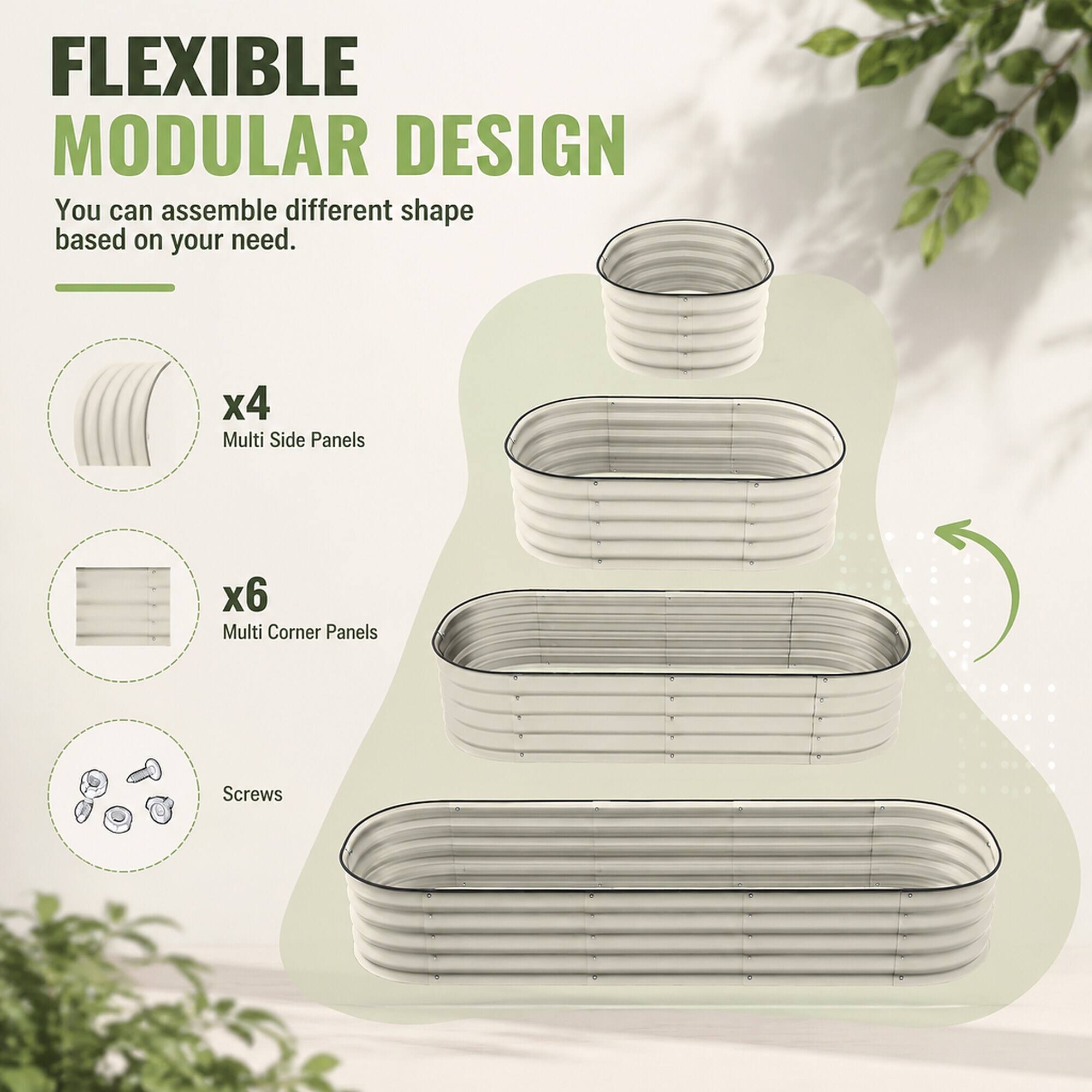 FLEXIBLE MODULAR DESIGN  
You can assemble different shapes based on your need.  

x4 Multi Side Panels  
x6 Multi Corner Panels  
Screws
