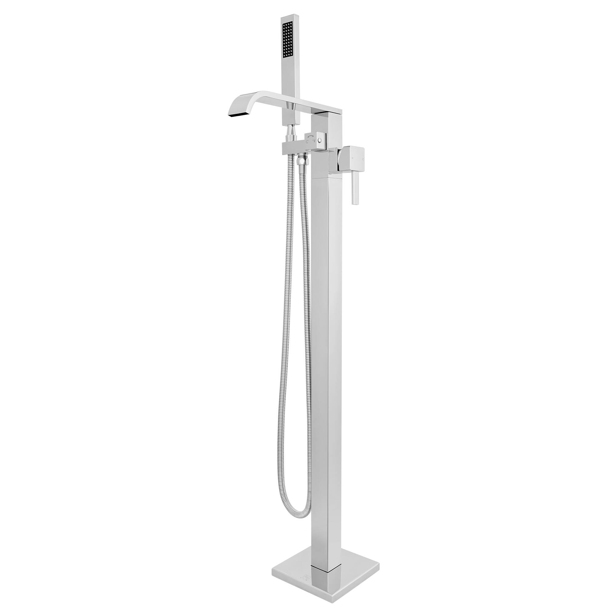 Front. Akicon - Akicon Free Standing Bathtub Faucet 360° Swivel Tub Filler with Handheld Shower and  Waterfall Spout in Chrome - Chrome.