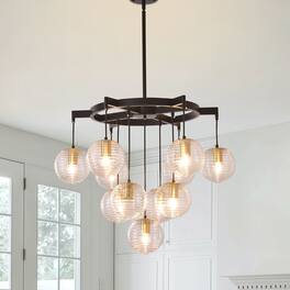 RYHNUYNE - 28.5" Modern Bubble Chandelier, 11-Light Ribbed Glass Pendant Light for Kitchen Island Foyer Entryway - Black