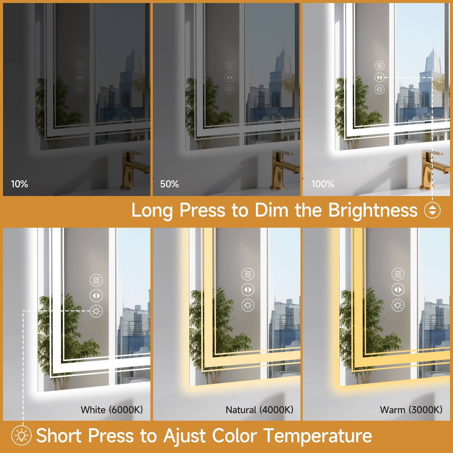 1. 10%
2. 50%
3. 100%
4. Long Press to Dim the Brightness
5. White (6000K)
6. Natural (4000K)
7. Warm (3000K)
8. Short Press to Adjust Color Temperature