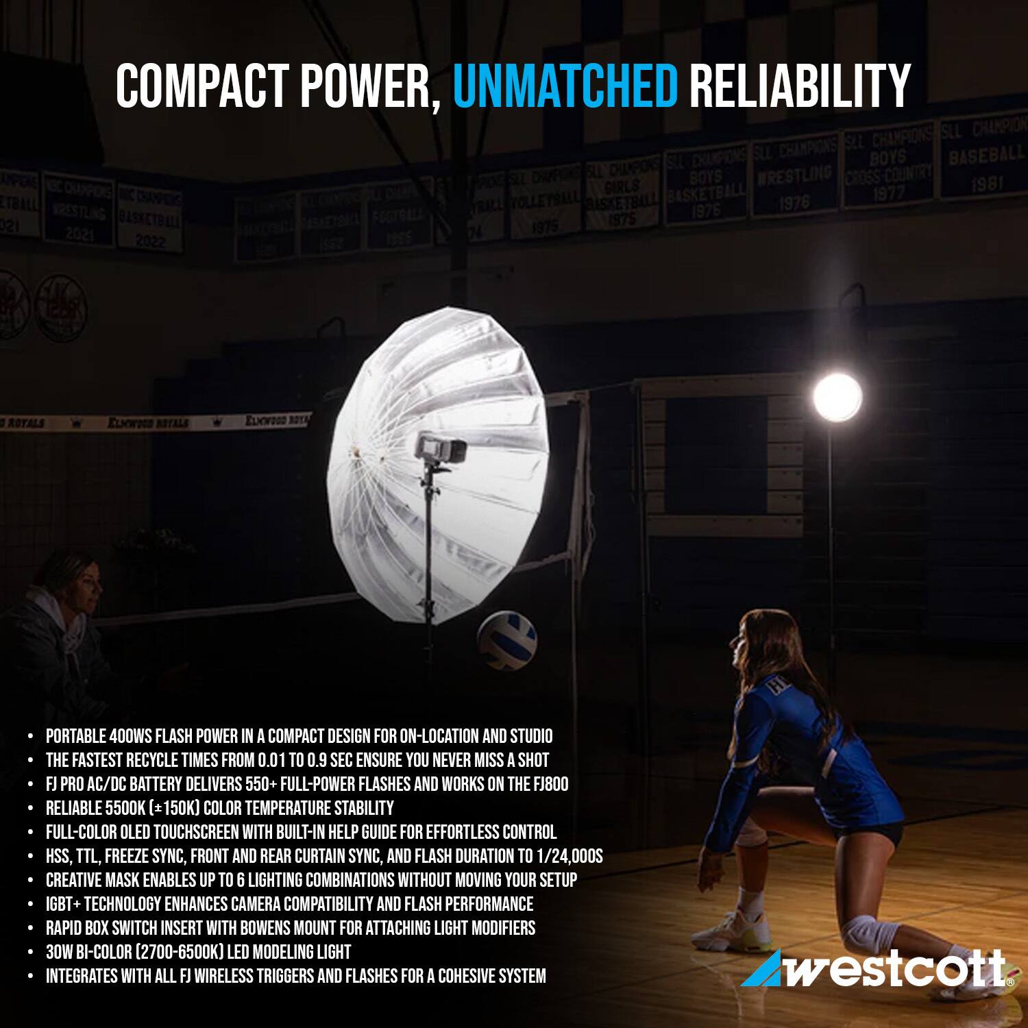 COMPACT POWER, UNMATCHED RELIABILITY

- PORTABLE 400WS FLASH POWER IN A COMPACT DESIGN FOR ON-LOCATION AND STUDIO
- THE FASTEST RECYCLE TIMES FROM 0.01 TO 0.9 SEC ENSURE YOU NEVER MISS A SHOT
- FJ PRO AC/DC BATTERY DELIVERS 550+ FULL-POWER FLASHES AND WORKS ON THE FJ800
- RELIABLE 5500K (±150K) COLOR TEMPERATURE STABILITY
- FULL-COLOR OLED TOUCHSCREEN WITH BUILT-IN HELP GUIDE FOR EFFORTLESS CONTROL
- HSS, TTL, FREEZE SYNC, FRONT AND REAR CURTAIN SYNC, AND FLASH DURATION TO 1/24,000S
- CREATIVE MASK ENABLES UP TO 6 LIGHTING COMBINATIONS WITHOUT MOVING YOUR SETUP
- IGBT TECHNOLOGY ENHANCES CAMERA COMPATIBILITY AND FLASH PERFORMANCE
- RAPID BOX SWITCH INSERT WITH BOWENS MOUNT FOR ATTACHING LIGHT MODIFIERS
- 30W BI-COLOR (2700K-6500K) LED MODELING