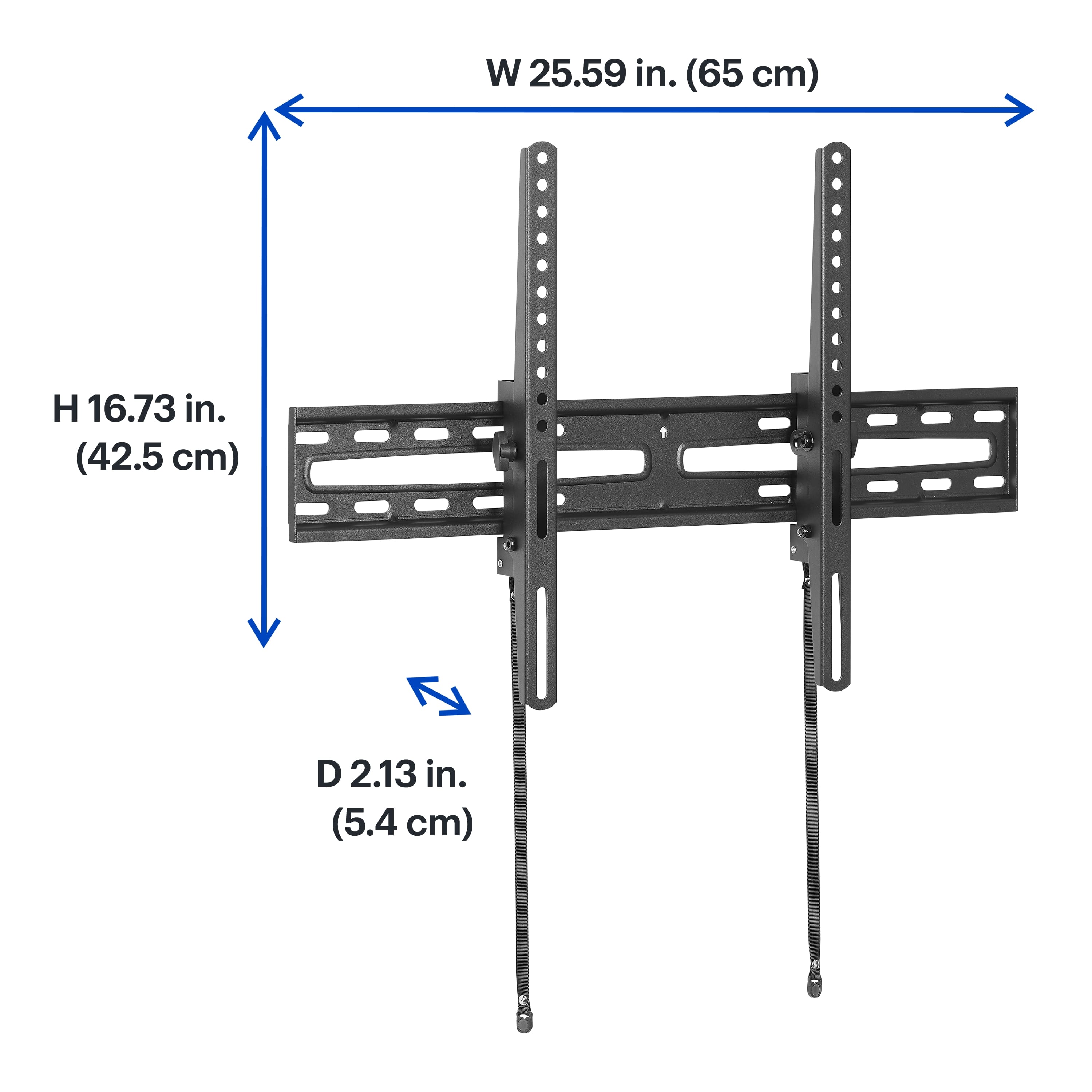 The image shows a black bracket with a size of 25.59 inches (65 cm) in width and 16.73 inches (42.5 cm) in height. The bracket is designed to hold a television, and it has a depth of 2.13 inches (5.4 cm).