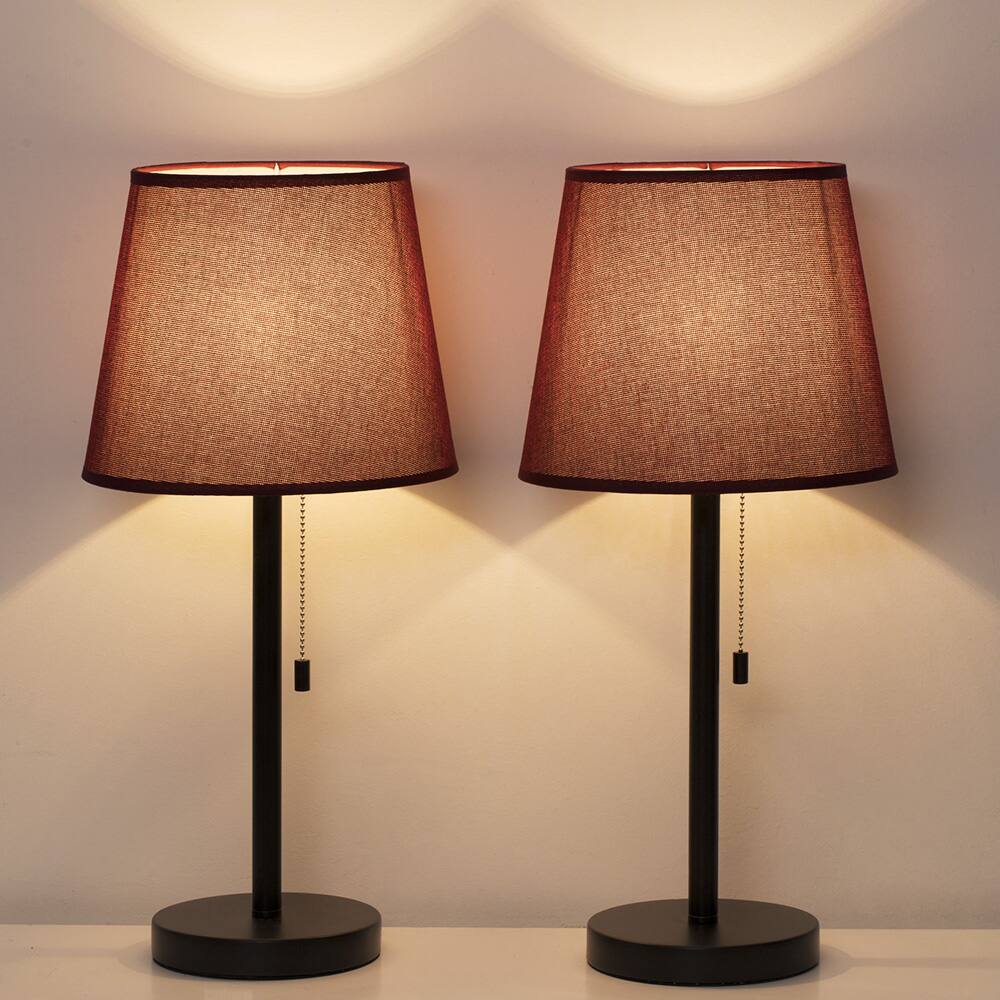 Back. Oumilen - Pull Chain Black Metal Table Lamp with Fabric Shade, Red.