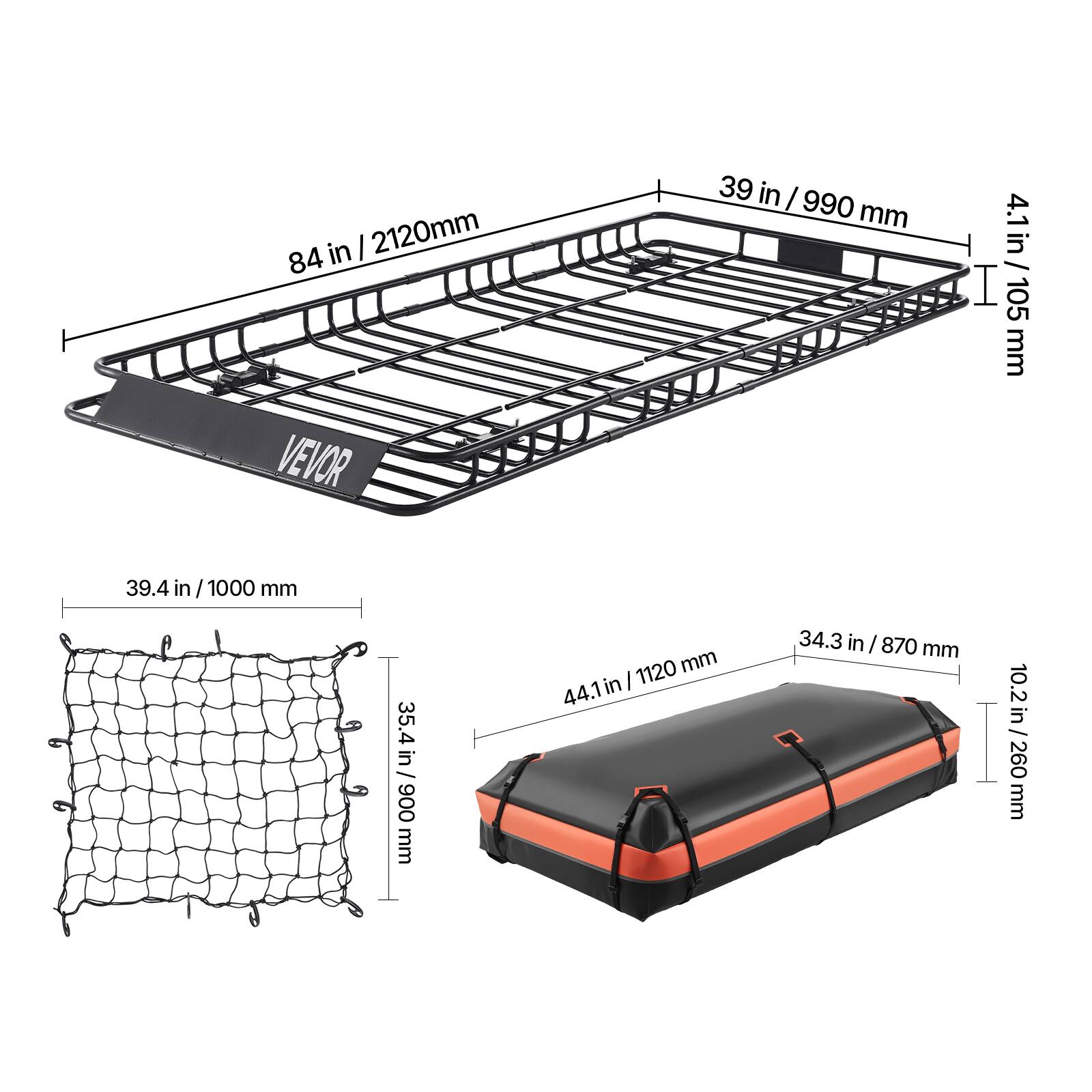 in | 2120mm 84 VEVOR 39 in / 990 mm 4.1in/ 105 mm 39.4 in/1000 mm 35.4 in / 900 mm 1120 mm in ! 44.1 34.3 in I 870 mm 10.2 10.2in/260 in I I 260 mm