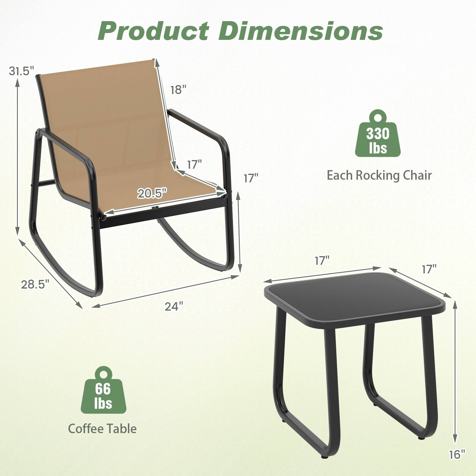 Product Dimensions

Each Rocking Chair:
- 31.5" (height)
- 18" (width)
- 20.5" (depth)
- 28.5" (seat height)
- 24" (seat width)
- 17" (armrest height)
- 17" (seat depth)
- Weight: 330 lbs

Coffee Table:
- 17" (width)
- 17" (depth)
- 16" (height)
- Weight: 66 lbs