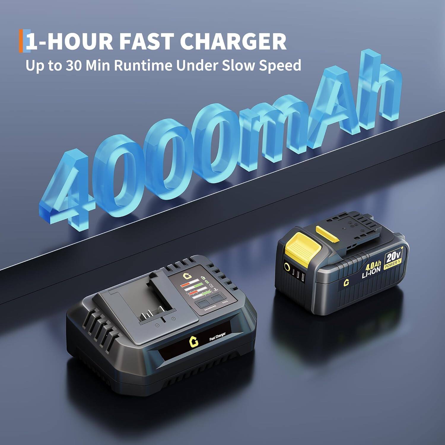 1-HOUR FAST CHARGER  
Up to 30 Min Runtime Under Slow Speed  
4000mAh  
20v 4.0Ah  
LI-ION  
Fast Charger