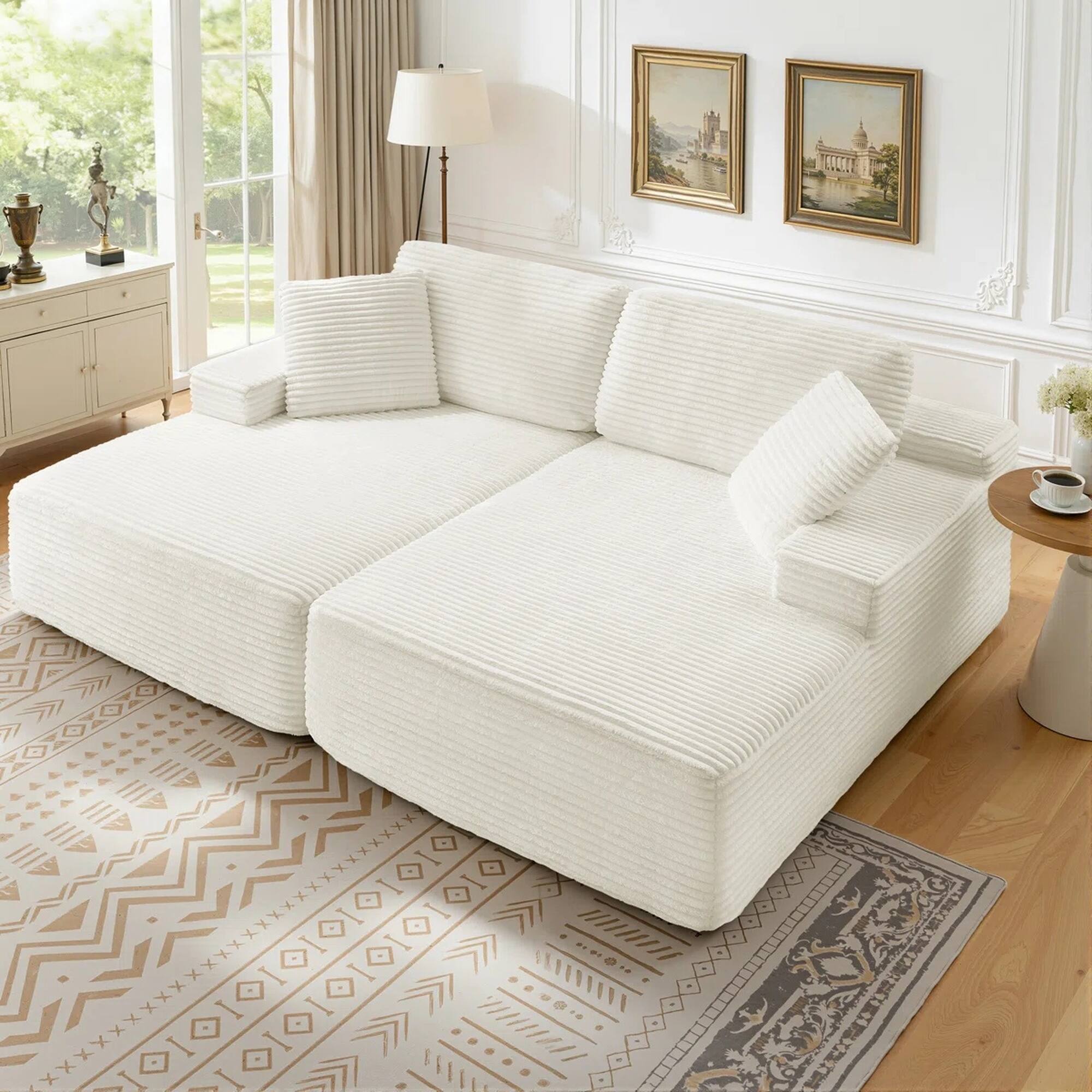 Back. Yardgrace - Oversized Corduroy Upholstered Chaise Lounge – No Assembly Required, Plush Boneless Sofa for Living Room - Beige.