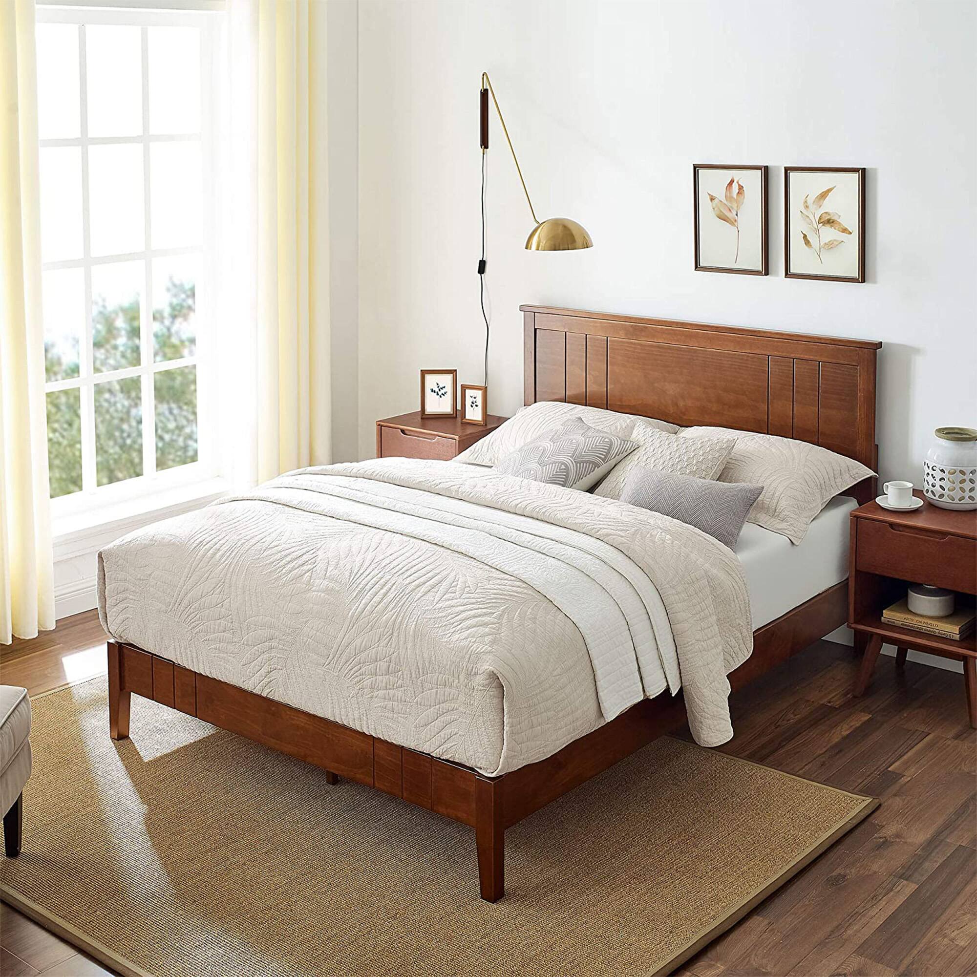 Alt View 5. MUSEHOMEINC - MUSEHOMEINC Mid Century Modern Solid Pinewood Platform Bed with Headboard, Queen - Walnut.