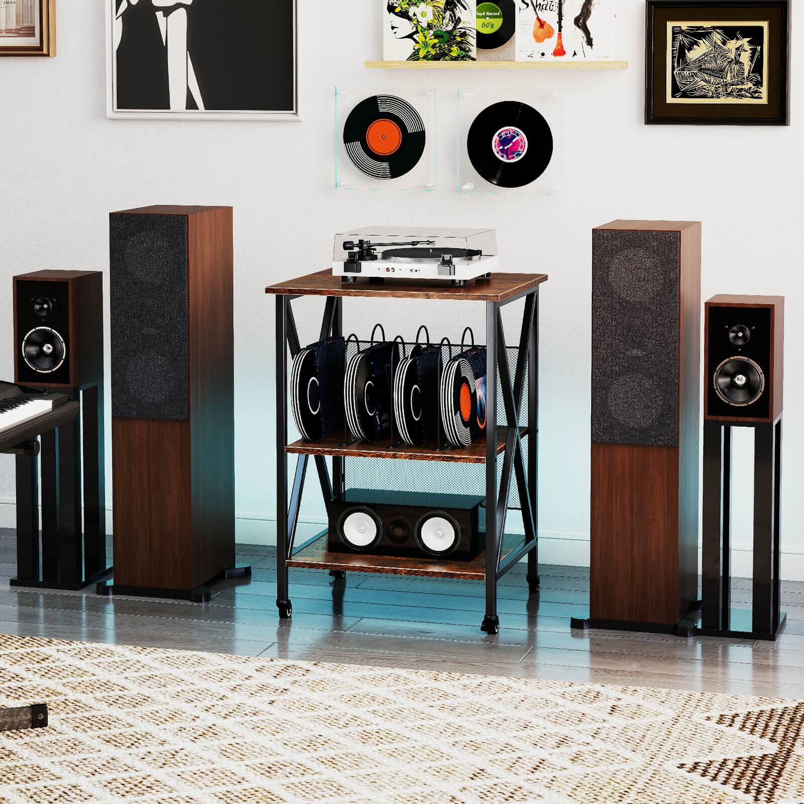 Alt View 1. Costway - Costway 3-tier Record Player Stand with Metal Dividers Adjustable Shelf & Power Outlets - Brown.