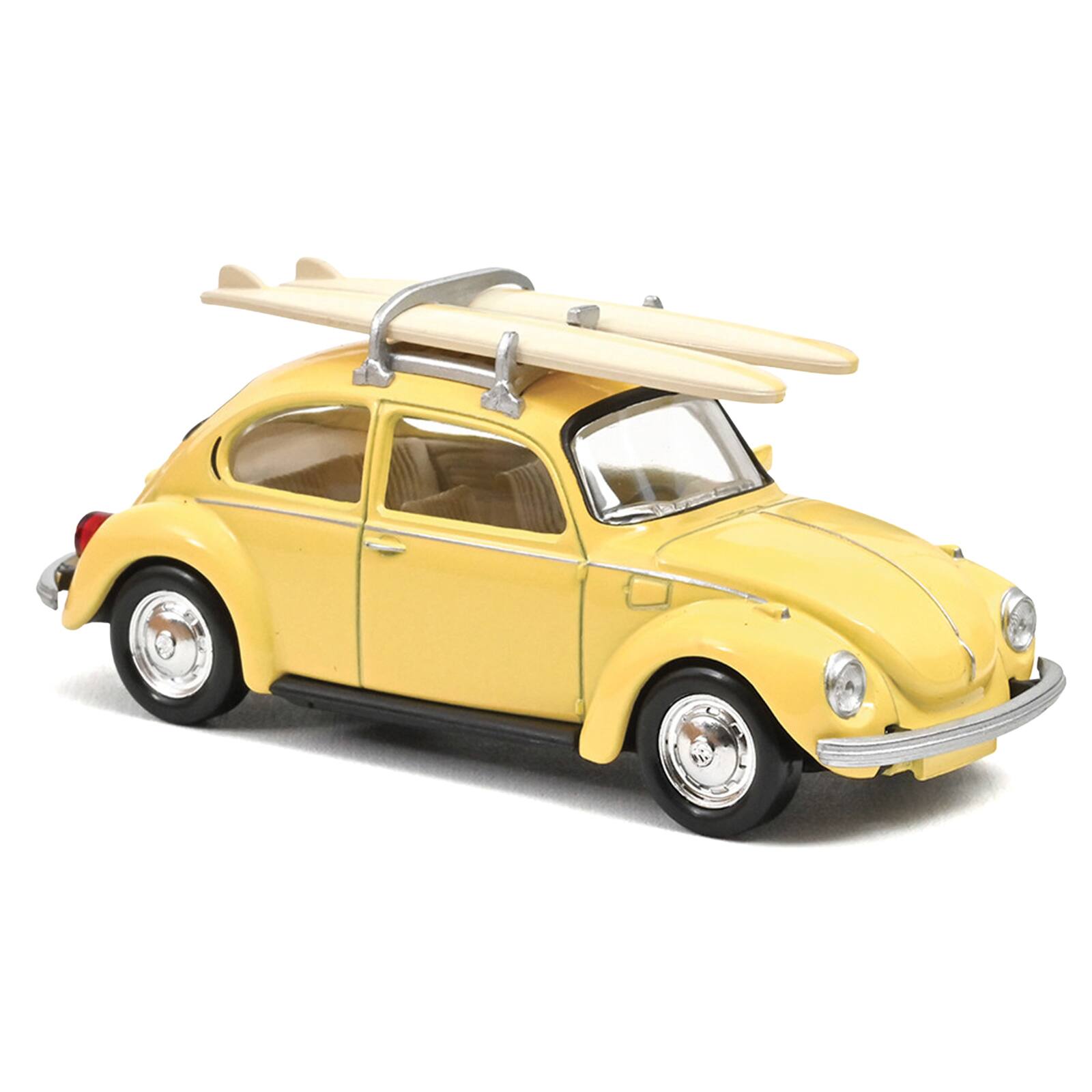 Alt View 4. Norev - 1973 Volkswagen Beetle 1303 Pastel Yellow with Roof Rack and 2 Surfboards 1/43 Diecast Model Car by Norev.