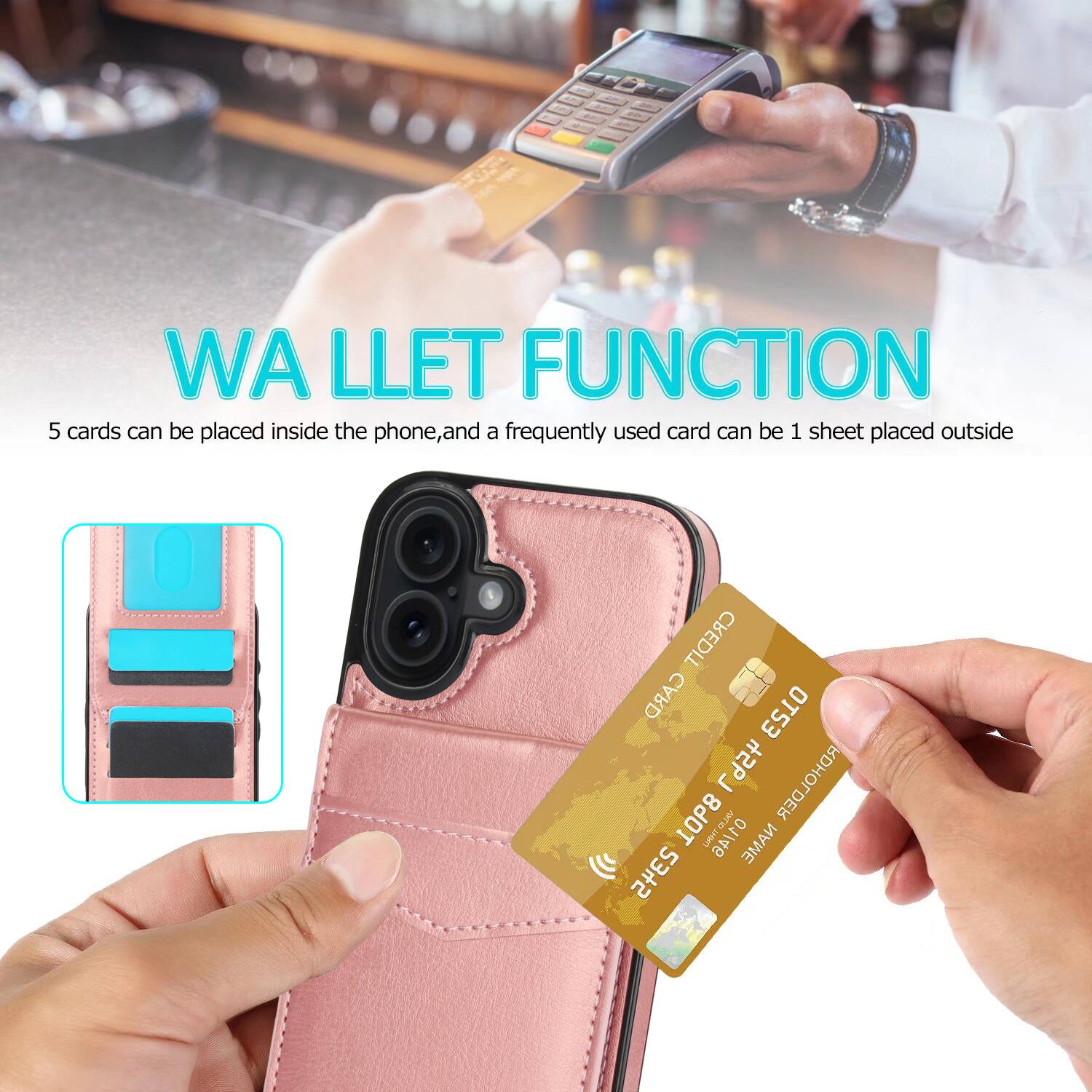 WA LLET FUNCTION  
5 cards can be placed inside the phone, and a frequently used card can be 1 sheet placed outside  
CREDIT CARD HOLDER