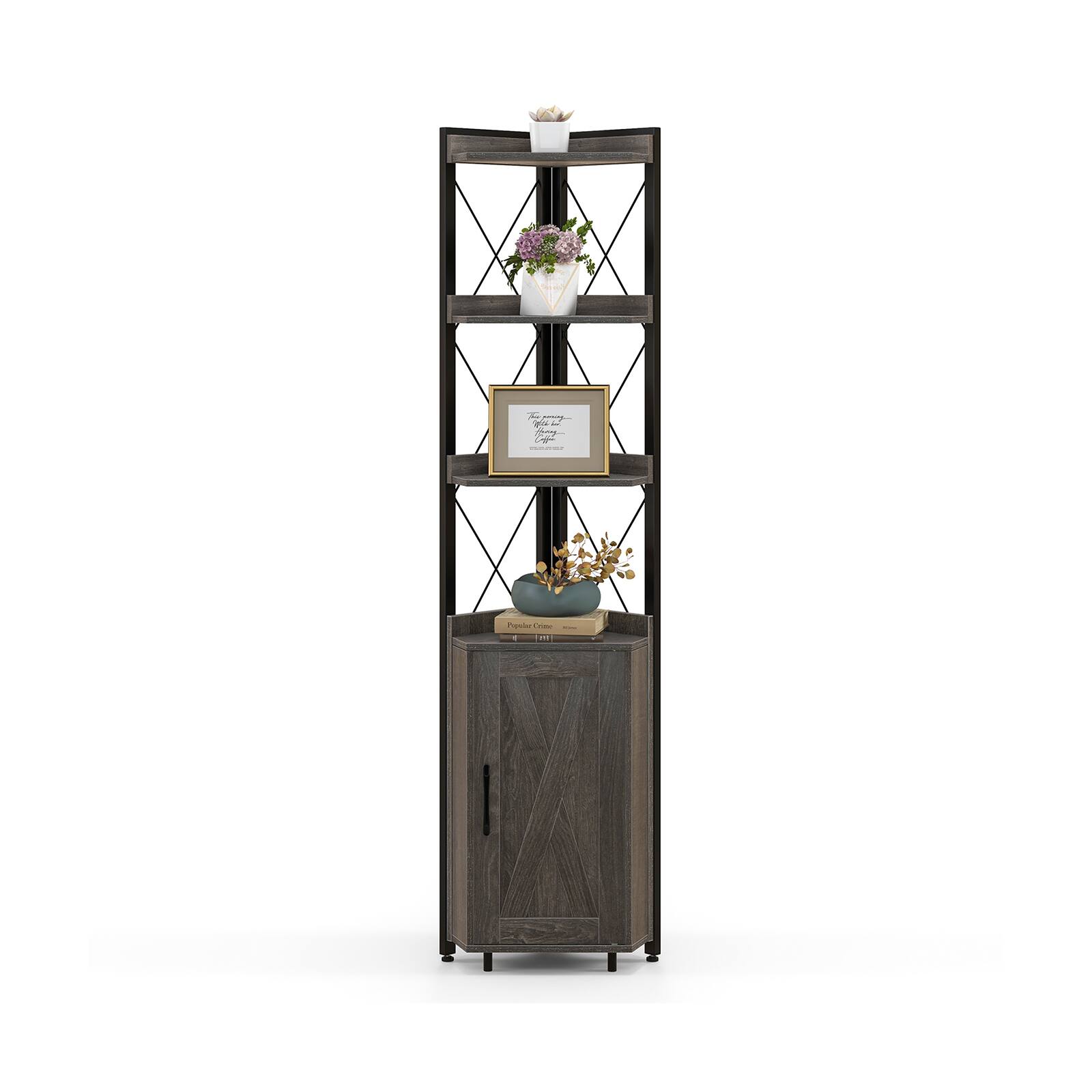 Sugift - Tall Corner Storage Cabinet with 3-Tier Shelf and Enclosed Cabinet - Grey