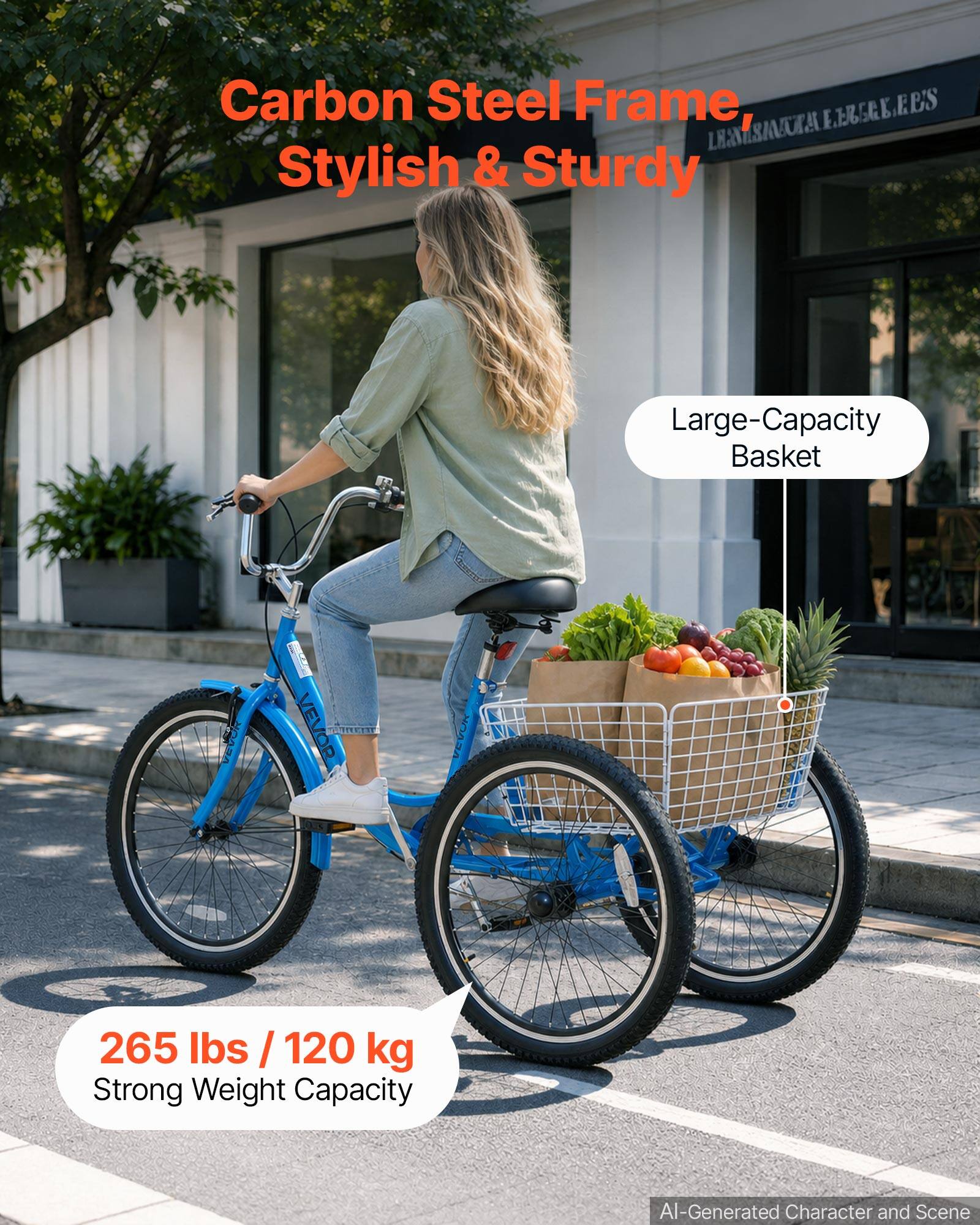 Carbon Steel Frame, Stylish & Sturdy  
Large-Capacity Basket  
265 lbs / 120 kg Strong Weight Capacity  
AI-Generated Character and Scene