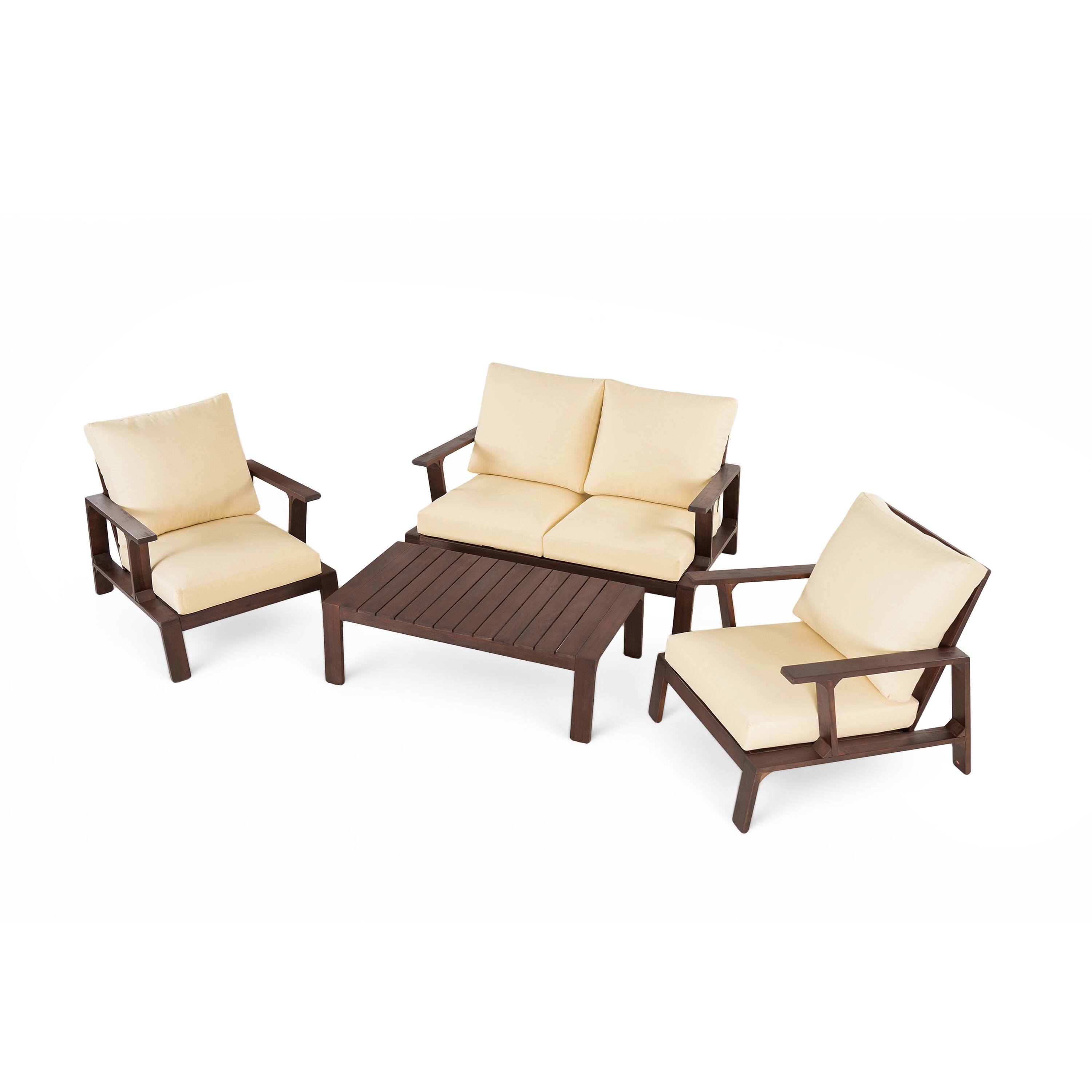 Alt View 6. Siljoy - 4-Piece Outdoor Patio Conversation Set, 4-Seat Sofa with Coffee Table, Dark Brown + Beige Cushions - Beige,Dark Brown.