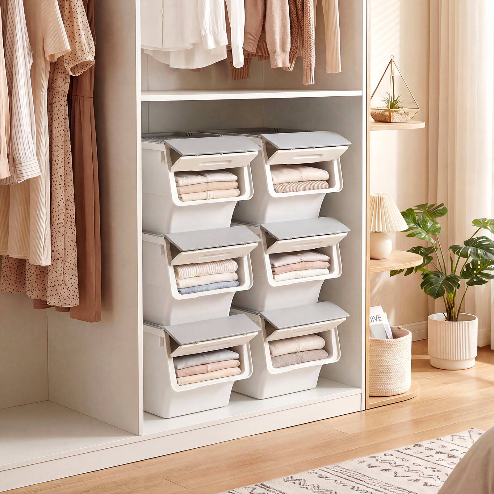 Alt View 4. Costway - Costway 6PCS Storage Bins on Wheels with Stay-Open Lid for Kitchen Bedroom Laundry Closet - White + Gray.