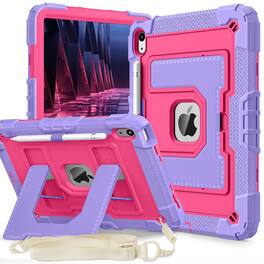 Dteck - Heavy Duty Rugged Case for Apple iPad A16 (11th Generation, 2025) with Multi-Angle Kickstand and Shoulder Strap - Purple+Rose