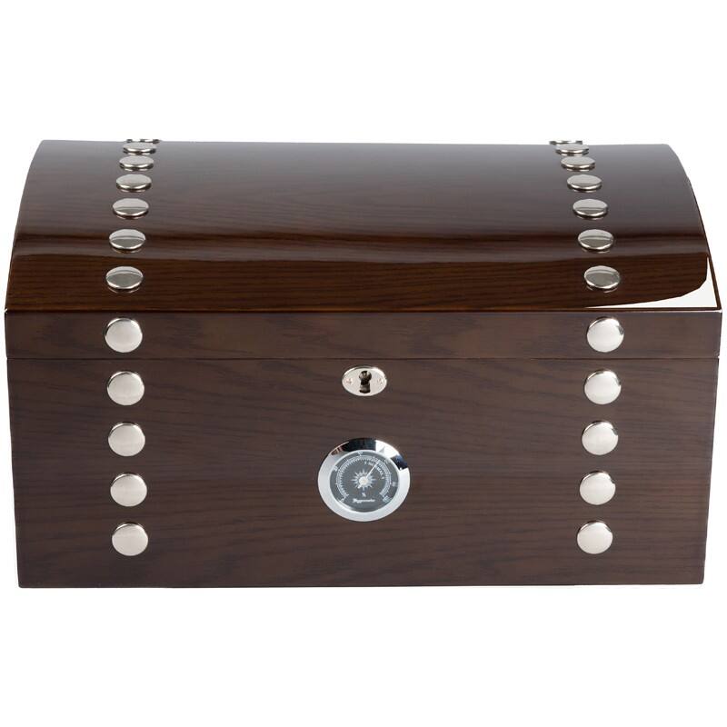 Left. Prestige - Montpellier Studded Humidor - High Gloss Elm Wood Deep Brown Finish.