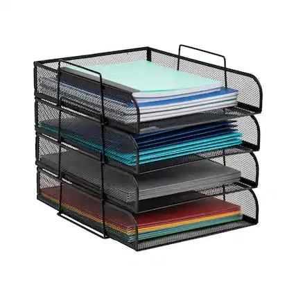 Front. Mind Reader - Stackable Paper Tray, Desktop Organizer, File Storage, Office, Metal Mesh, 10.5"L x13.5"W x11.25"H, 4 Pcs. - Black.