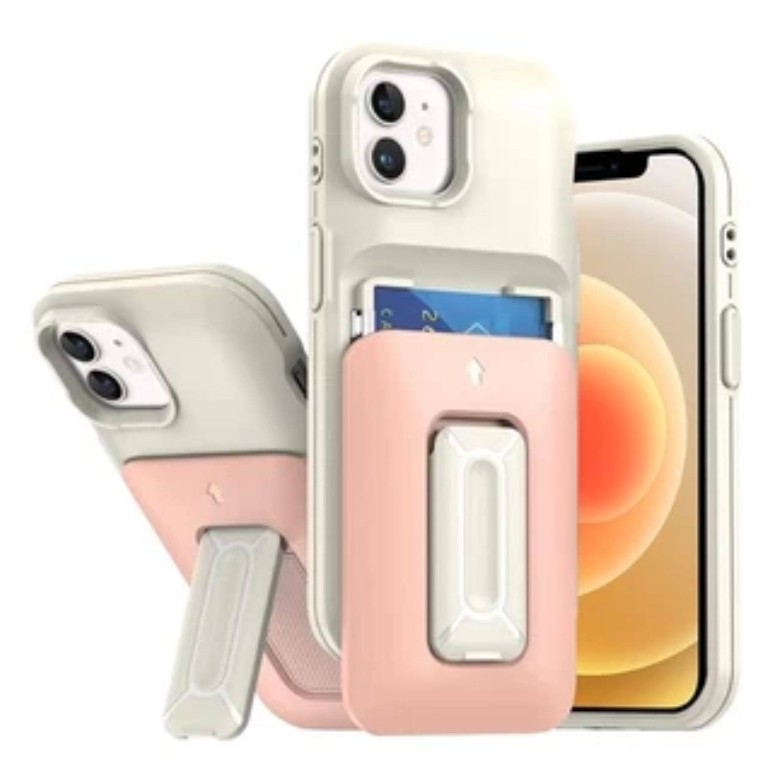 Back. Kitcheniva - Matte Finish Phone Case With Card Holder Kickstand Strap Tempered Glass For iPhone 12/12 Pro Beige Light Pink - Beige Light Pink.