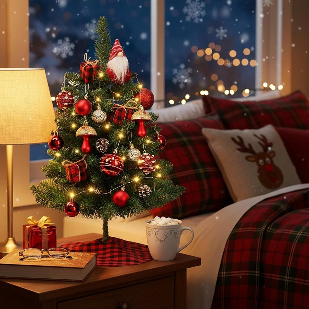 Back. RTMB - 2ft Mini Tabletop Christmas Tree with Lights, Gnome, and DIY Ornaments - Green.