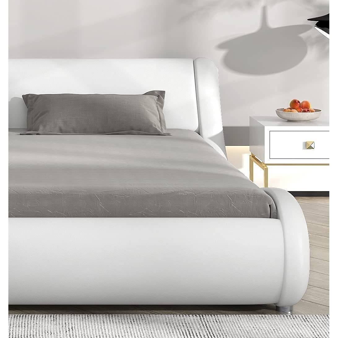 Left. SlickBlue - Sleek Faux Leather Bed Frame with Upholstered Headboard - White.