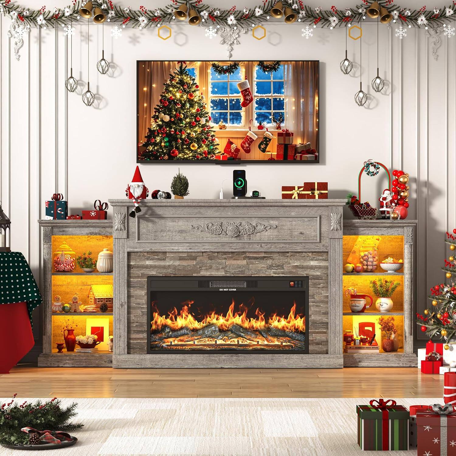 Angle. Espafurni - 85" Electric Fireplace TV Stand, Farmhouse Style w/ Charging Station & LED - Light Oak.