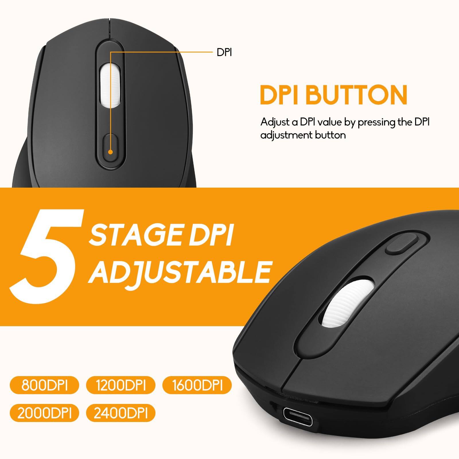 DPI BUTTON  
Adjust a DPI value by pressing the DPI adjustment button  

5 STAGE DPI ADJUSTABLE  
800DPI 1200DPI 1600DPI 2000DPI 2400DPI