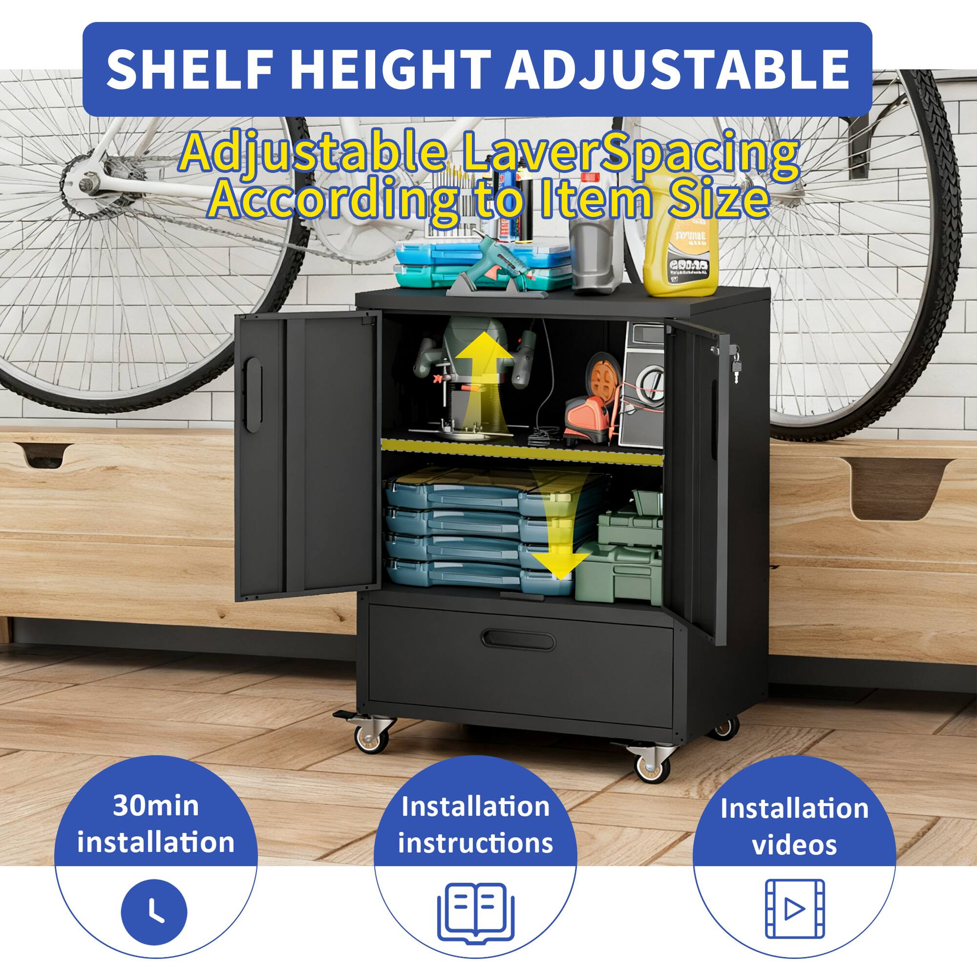 SHELF HEIGHT ADJUSTABLE  
Adjustable Layer Spacing According to Item Size  

- 30min installation  
- Installation instructions  
- Installation videos