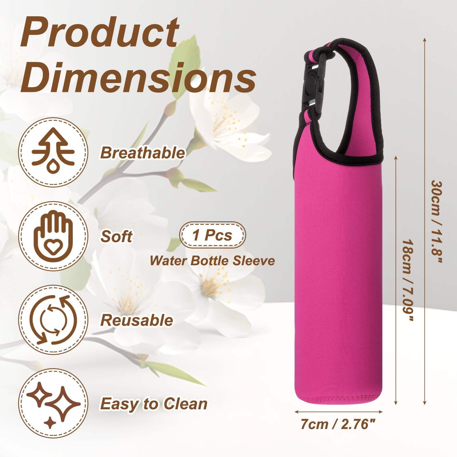 Product Dimensions: Breathable, Soft, 1 Pcs Water Bottle Sleeve, Reusable, Easy to Clean  
- Height: 30cm / 11.8"  
- Width: 7cm / 2.76"  
- Depth: 7cm / 2.76"