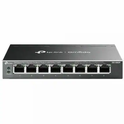 TP-Link Omada
8-Port Gigabit Desktop Switch with 4-Port PoE+
DS108GP
Port 1: Power LED
Ports 1-8: Gigabit Ethernet Ports