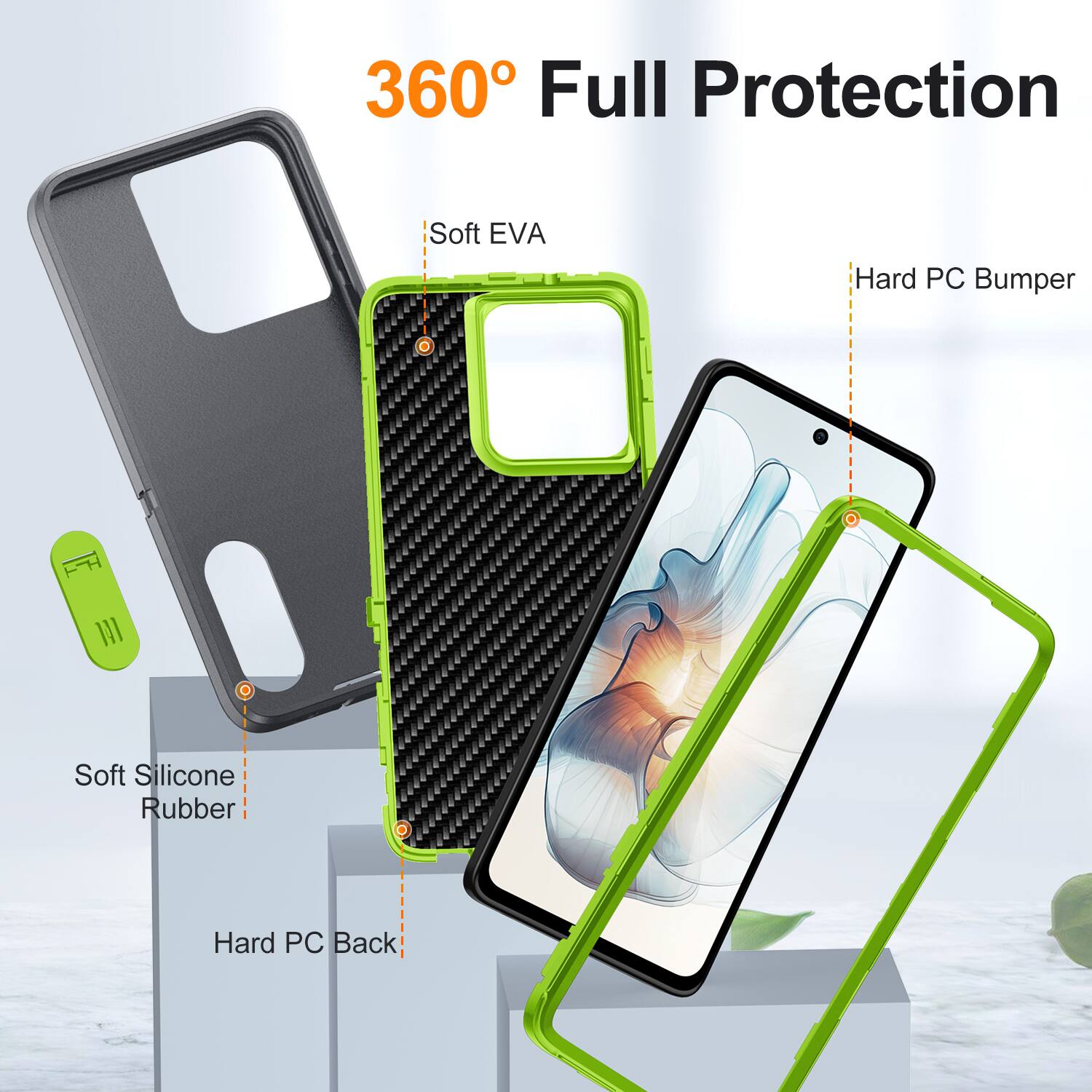 360° Full Protection

- Soft EVA
- Hard PC Bumper
- Soft Silicone Rubber
- Hard PC Back