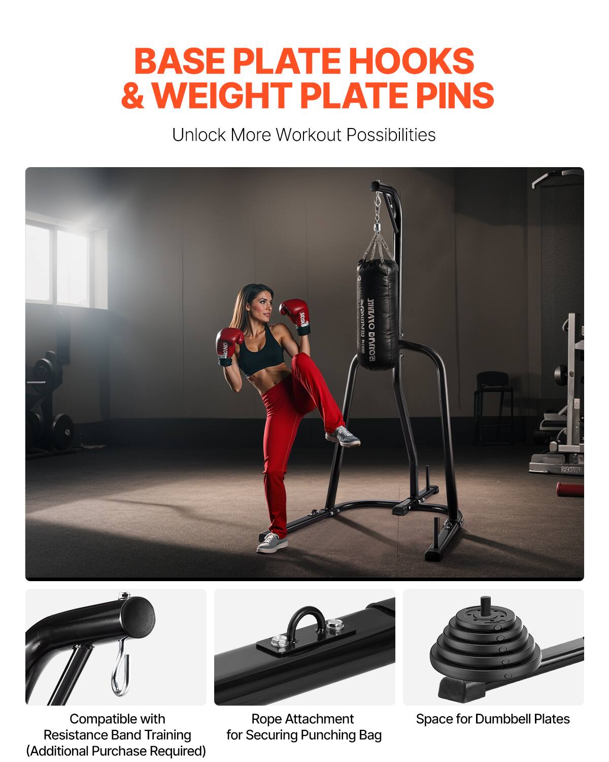 BASE PLATE HOOKS & WEIGHT PLATE PINS Unlock More Workout Possibilities

MOND StS  JIVIATO E I DNOE 1 . 30d - Compatible with Resistance Band Training (Additional Purchase Required)

Rope Attachment for Securing Punching Bag

Space for Dumbbell Plates