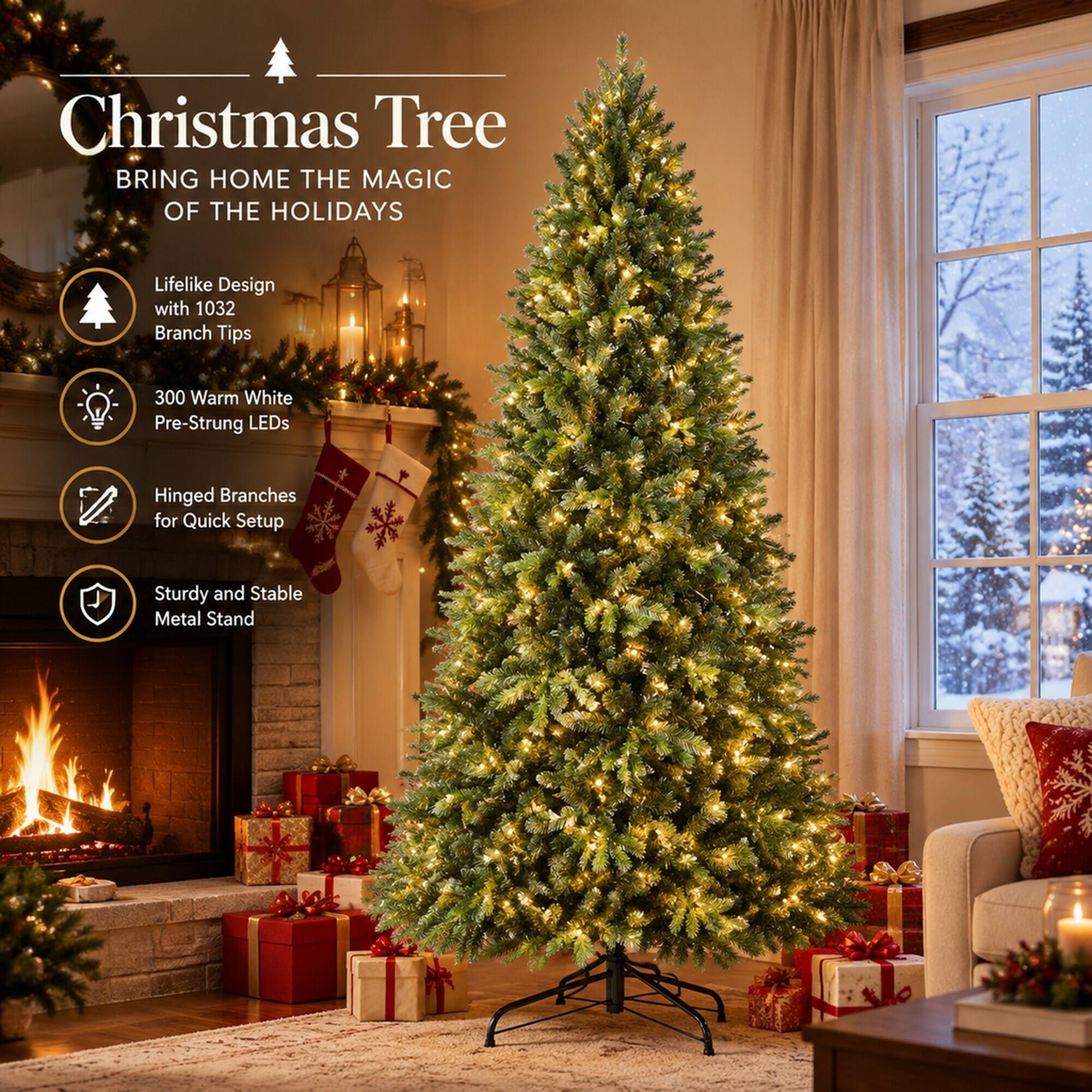 Christmas Tree  
BRING HOME THE MAGIC OF THE HOLIDAYS

- Lifelike Design with 1032 Branch Tips
- 300 Warm White Pre-Strung LEDs
- Hinged Branches for Quick Setup
- Sturdy and Stable Metal Stand