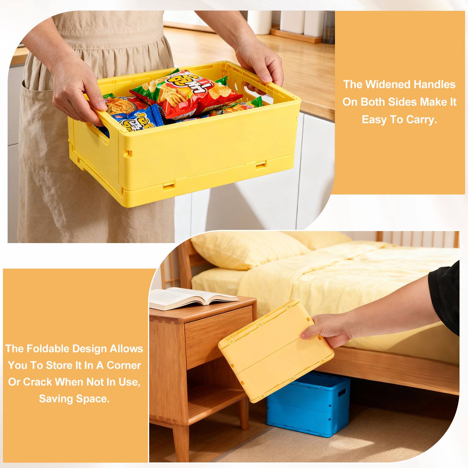 The widened handles on both sides make it easy to carry. The foldable design allows you to store it in a corner or crack when not in use, saving space.