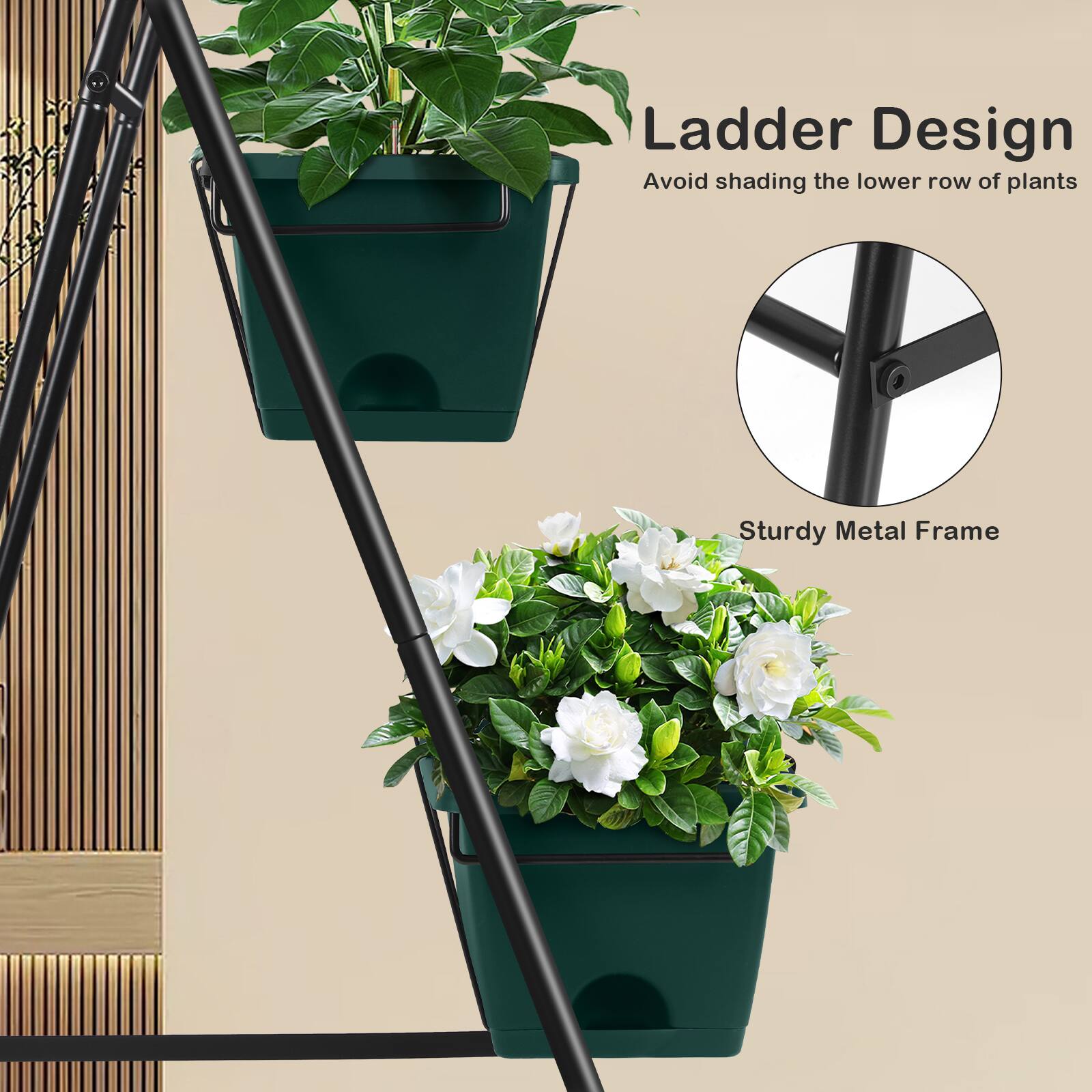Ladder Design  
Avoid shading the lower row of plants  

Sturdy Metal Frame