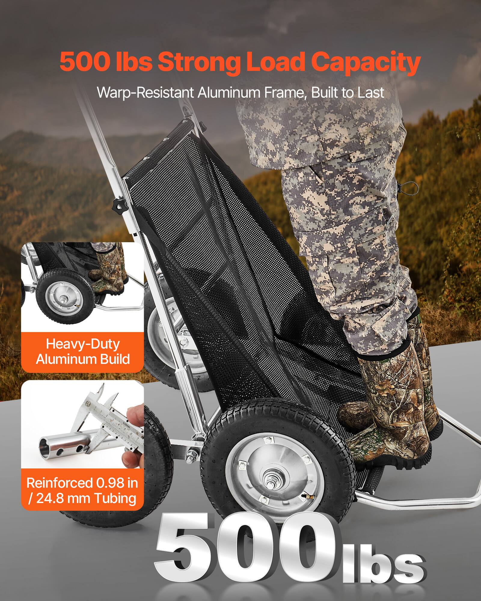 500 lbs Strong Load Capacity  
Warp-Resistant Aluminum Frame, Built to Last  
Heavy-Duty Aluminum Build  
Reinforced 0.98 in / 24.8 mm Tubing  
500 lbs