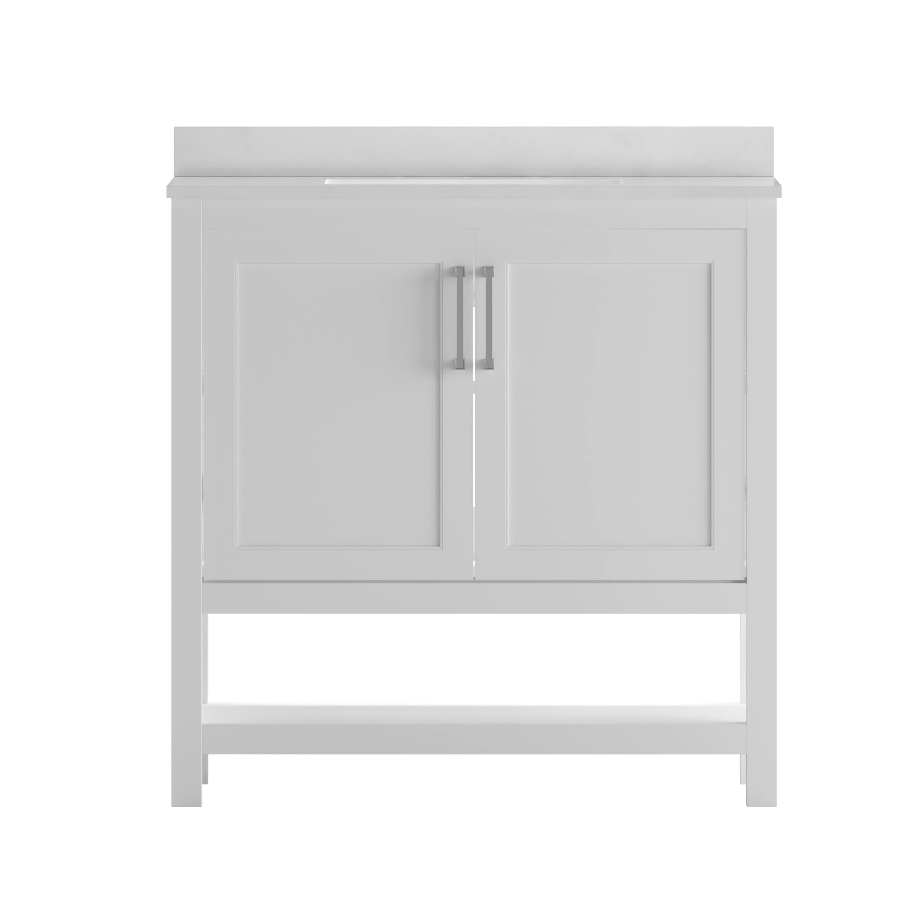 Angle. Flash Furniture - Vega 36 Inch Bathroom Vanity with Sink Combo, Storage Cabinet with Soft Close Doors and Open Shelf, Carrara Marble Finis - White.