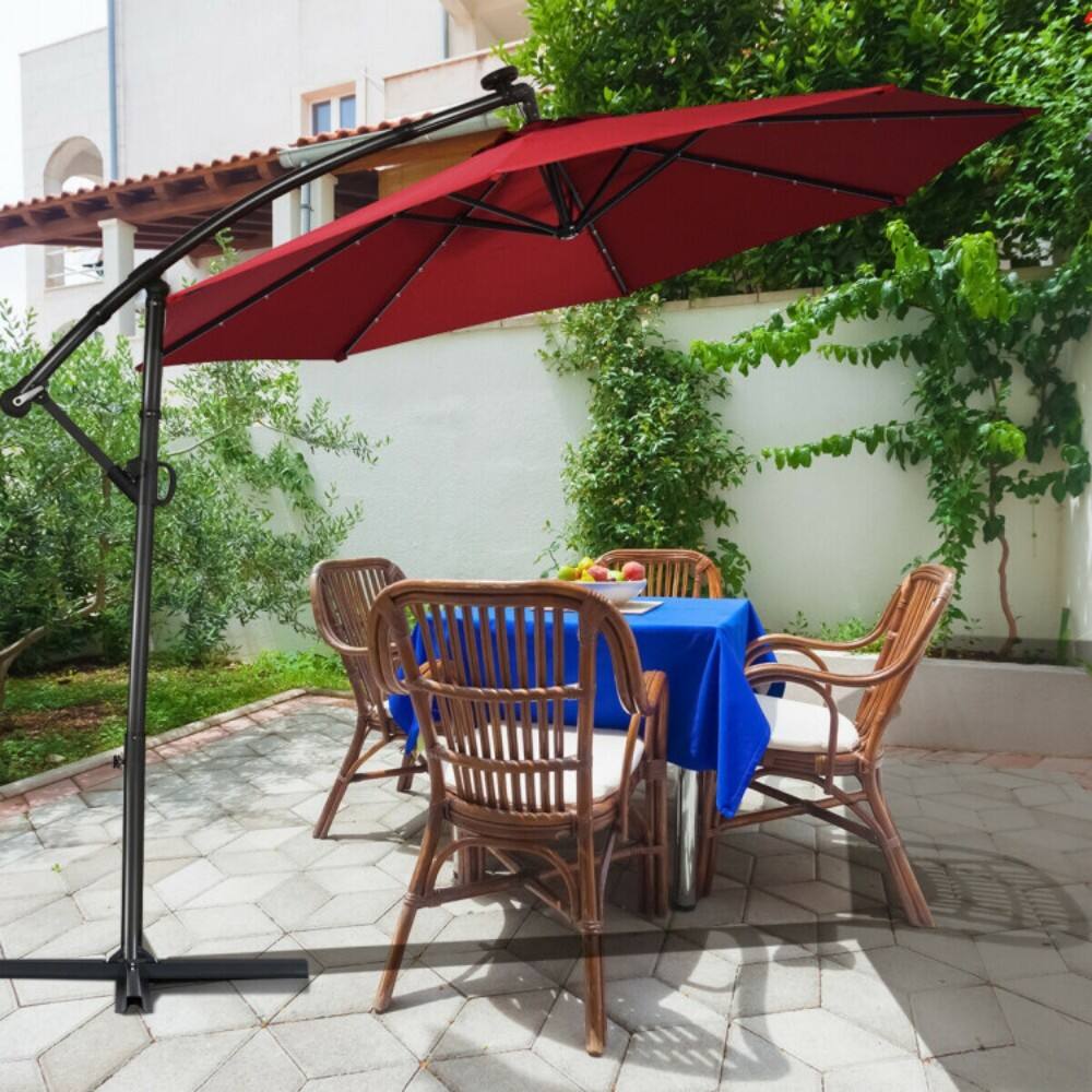 Left. Mondawe - 10 Feet Solar Powered LED Patio Offset Umbrella 360° Rotation (Base not includ) - Dark Red.