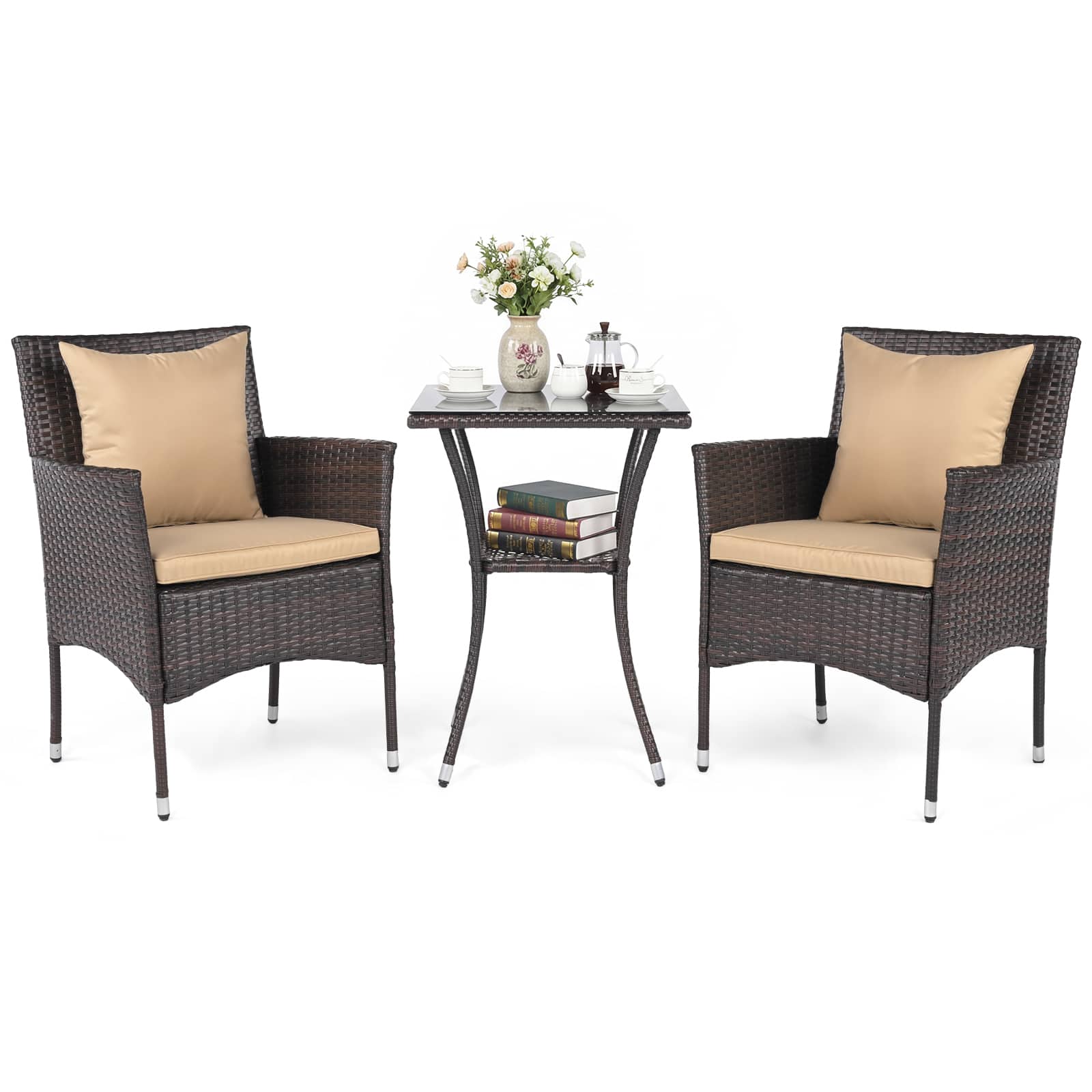 Costway- 3PCS Patio Wicker Bistro Set, 2 Rattan Chairs with Double-Tier Tempered Glass Table- Mix Brown + Beige