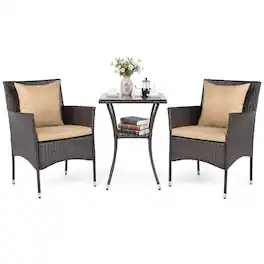 Costway - 3PCS Patio Wicker Bistro Set, 2 Rattan Chairs with Double-Tier Tempered Glass Table - Mix Brown + Beige