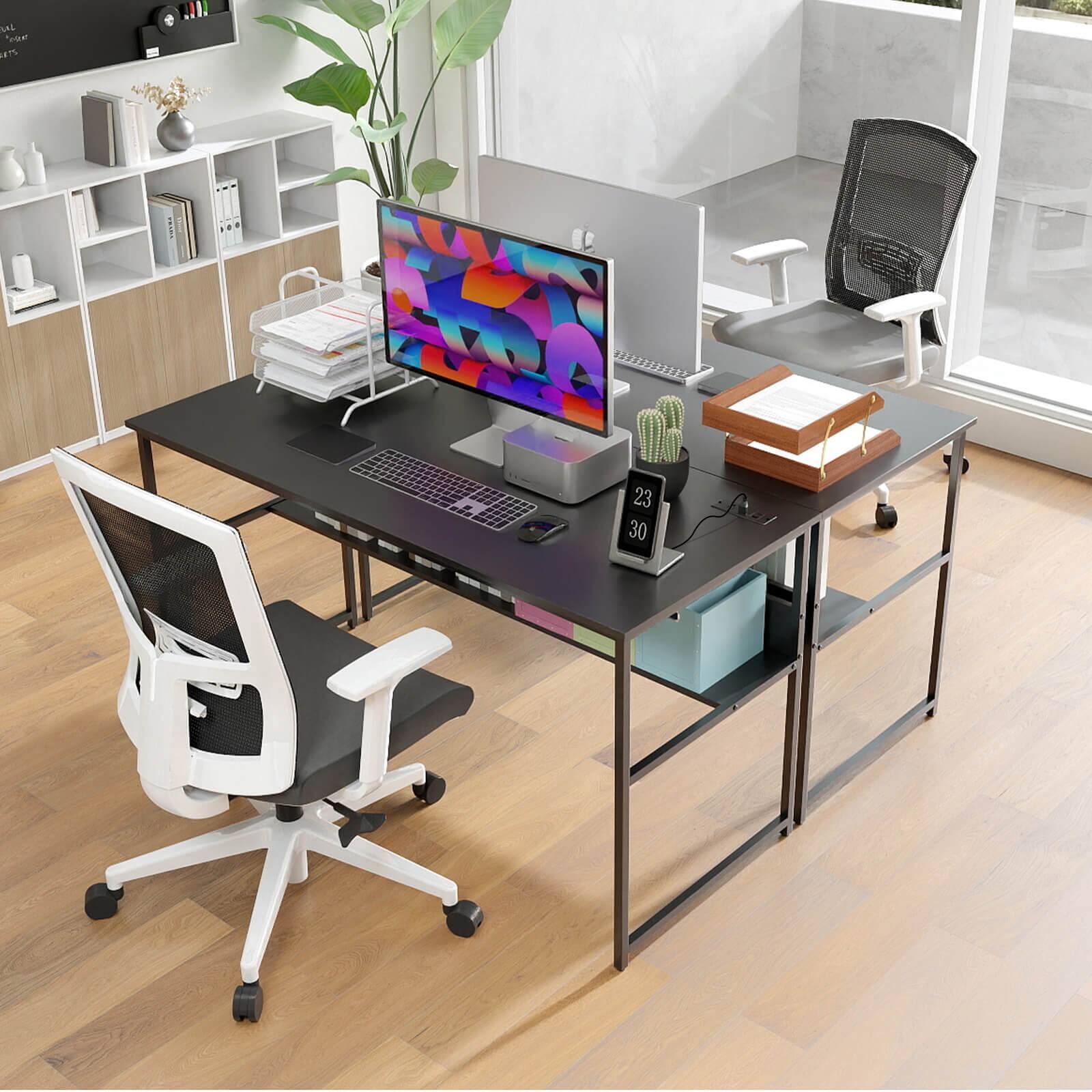 Alt View 1. Costway - Costway 55" x 24" Computer Desk with Power Outlets & USB Ports, Storage Shelf, Metal Frame - Black.
