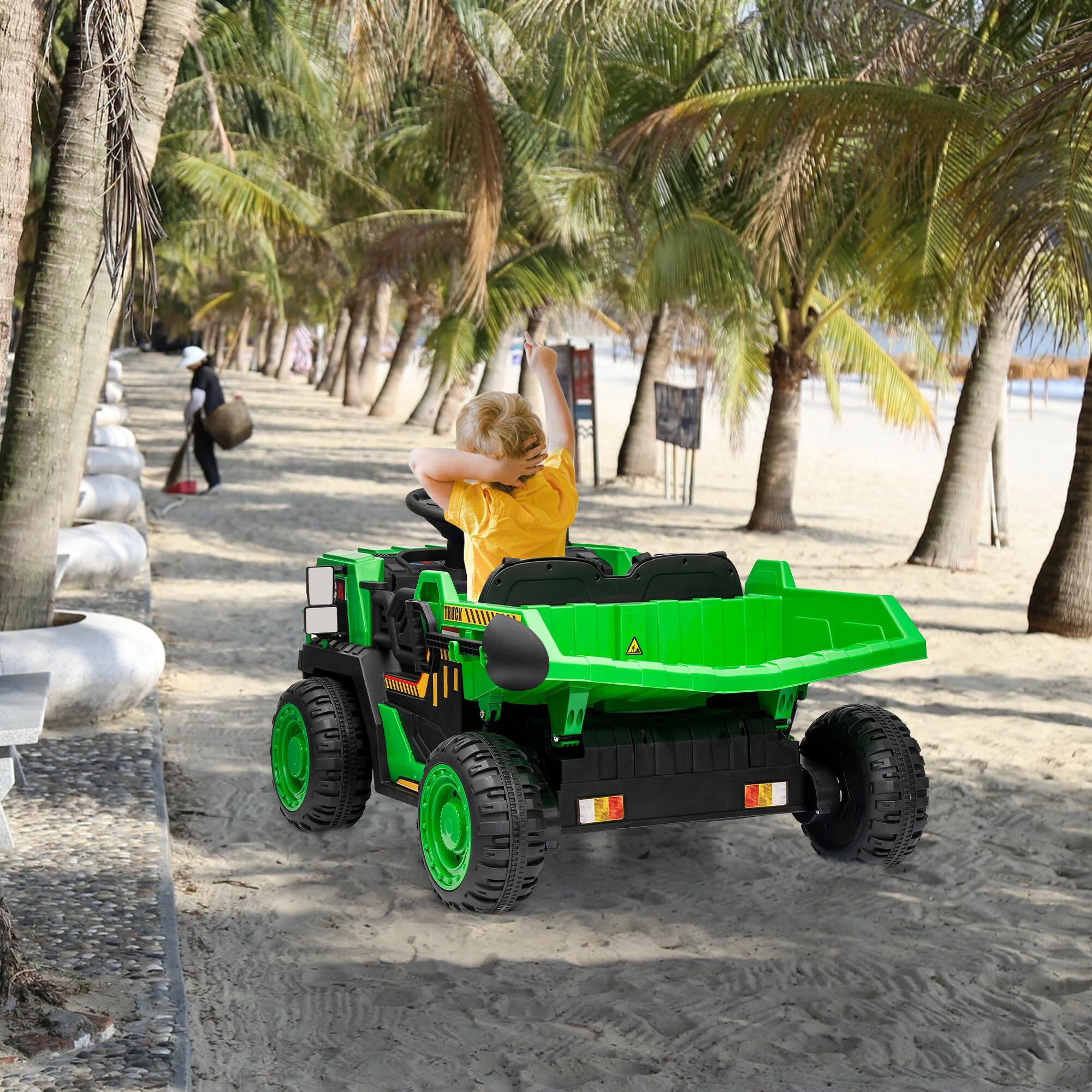 Left. GARVEE - 24V 2-Seater Ride-On Dump Truck for Kids with Parent Remote Control, Electric Dump Bed, Extra Shovel, 2WD/4WD Modes.