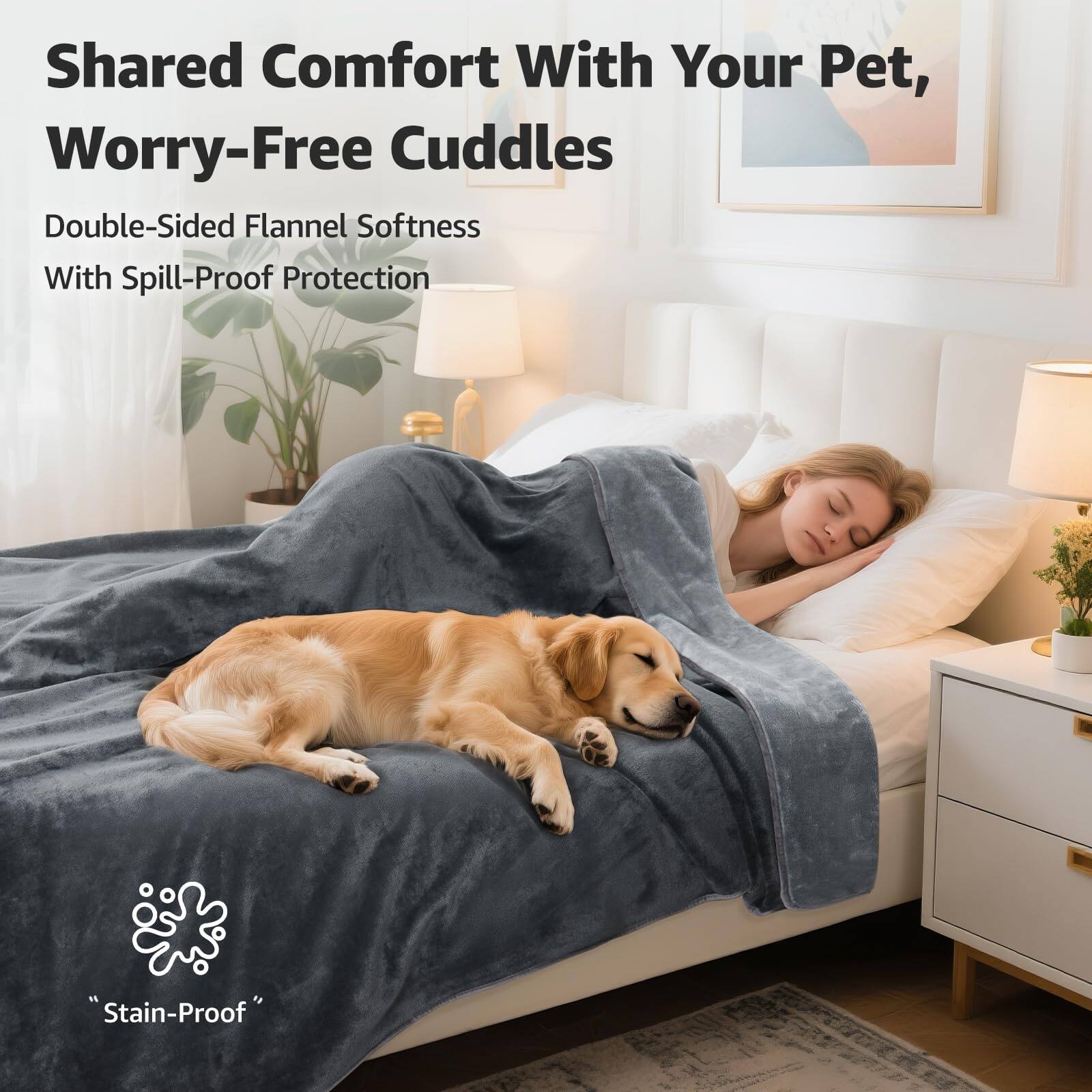 Shared Comfort With Your Pet, Worry-Free Cuddles

Double-Sided Flannel Softness With Spill-Proof Protection

"Stain-Proof"