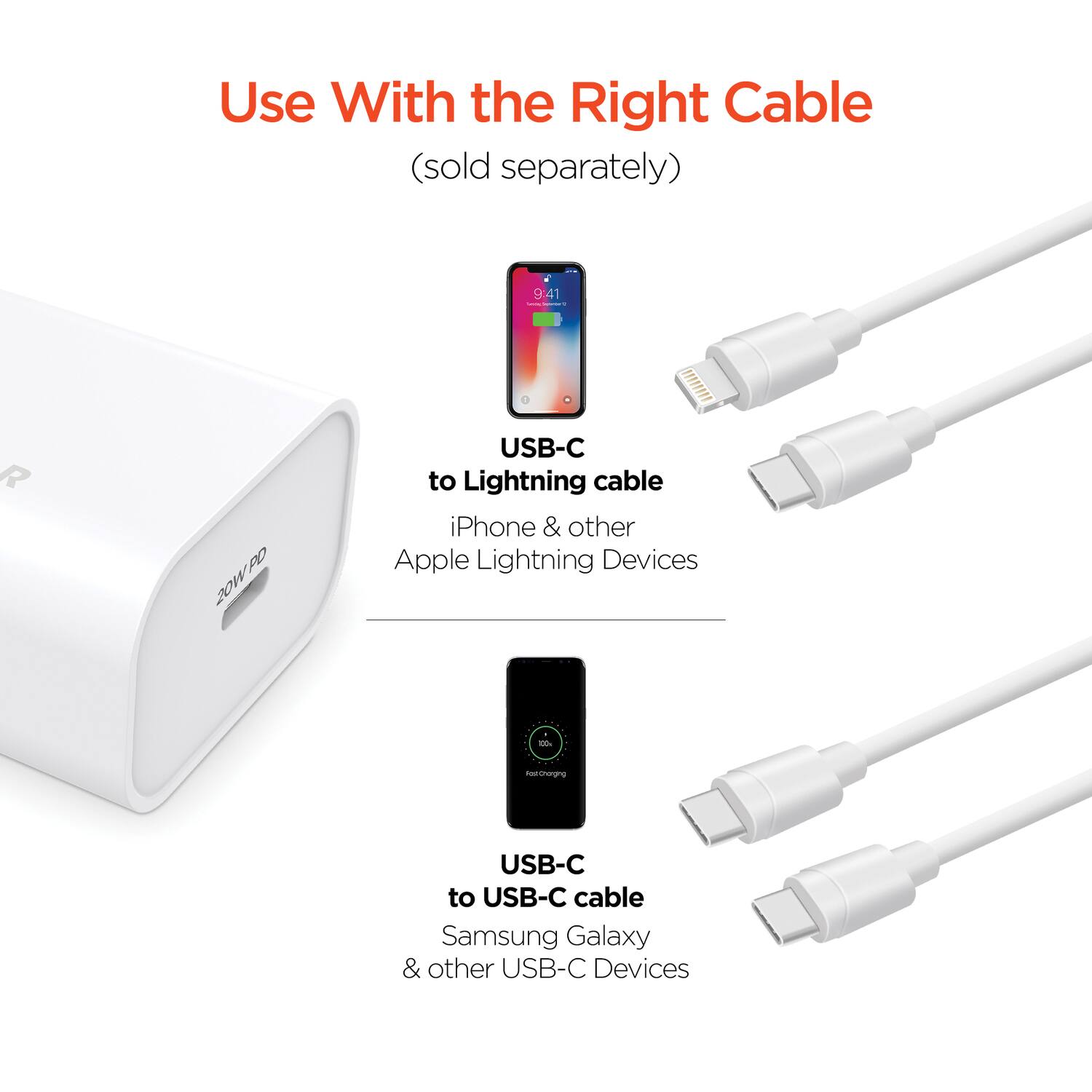 Use With the Right Cable (sold separately)

USB-C to Lightning cable
iPhone & other Apple Lightning Devices

USB-C to USB-C cable
Samsung Galaxy & other USB-C Devices