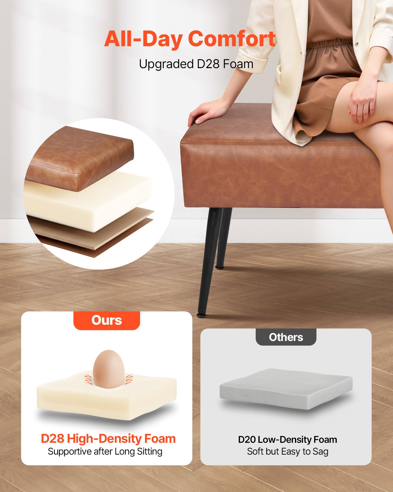 All-Day Comfort  
Upgraded D28 Foam  

Ours  
D28 High-Density Foam  
Supportive after Long Sitting  

Others  
D20 Low-Density Foam  
Soft but Easy to Sag